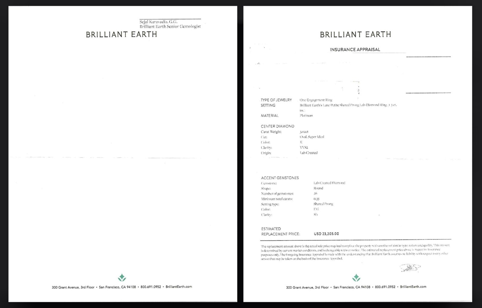 3.02 Carat Brilliant Earth Lab Created Platinum Ring, Super Ideal, VVS2, Color E
