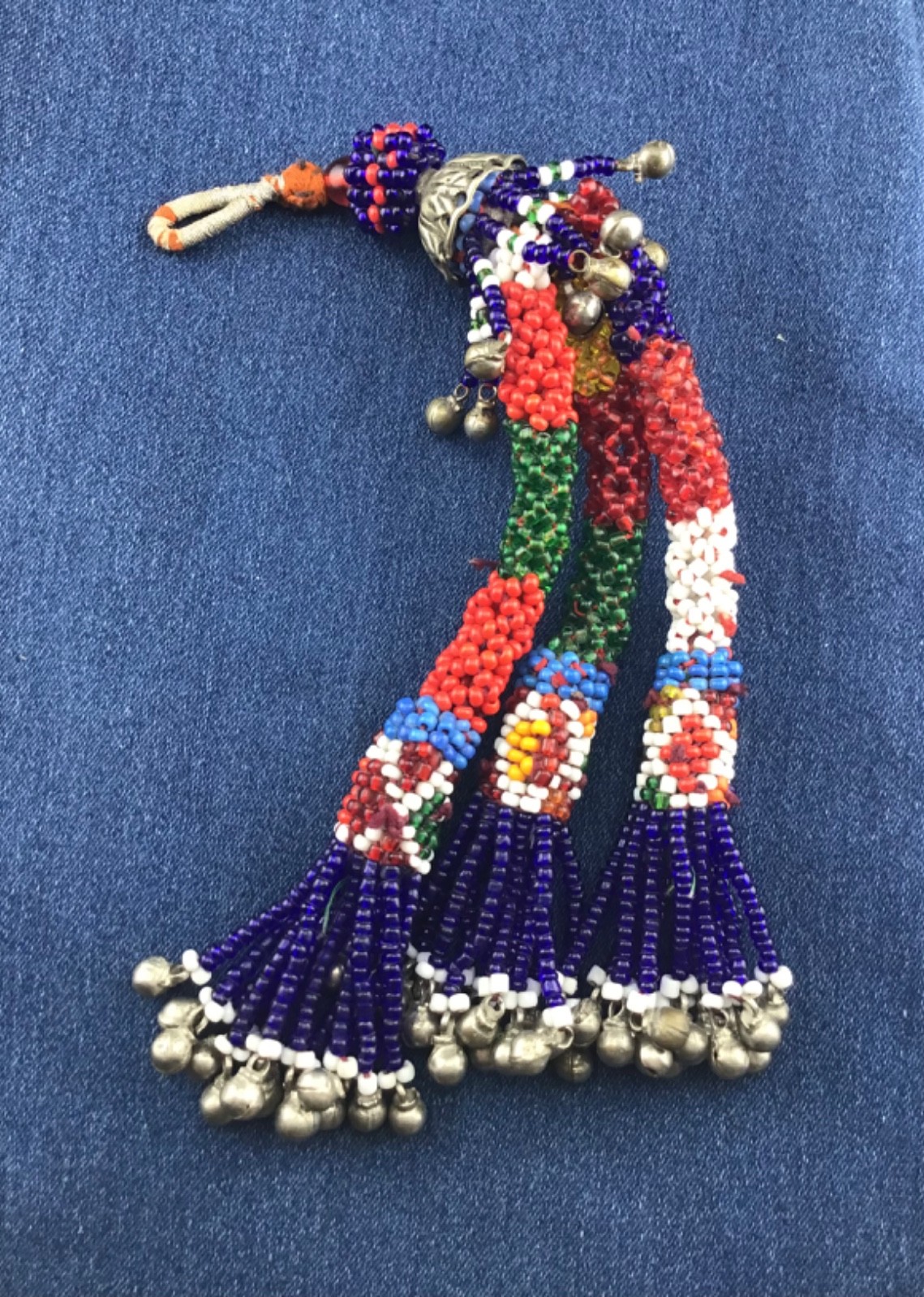 Vintage Kuchi Beaded Tassel Colorful Glass Seed Beads Metal Bells Keychain Charm