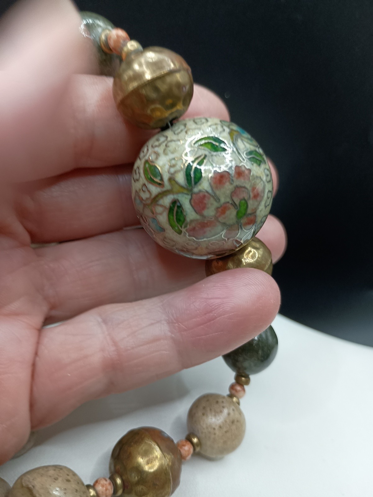 Vintage Chinese Export Cloisonne Floral Beaded Necklace Clay Brass 32” Long
