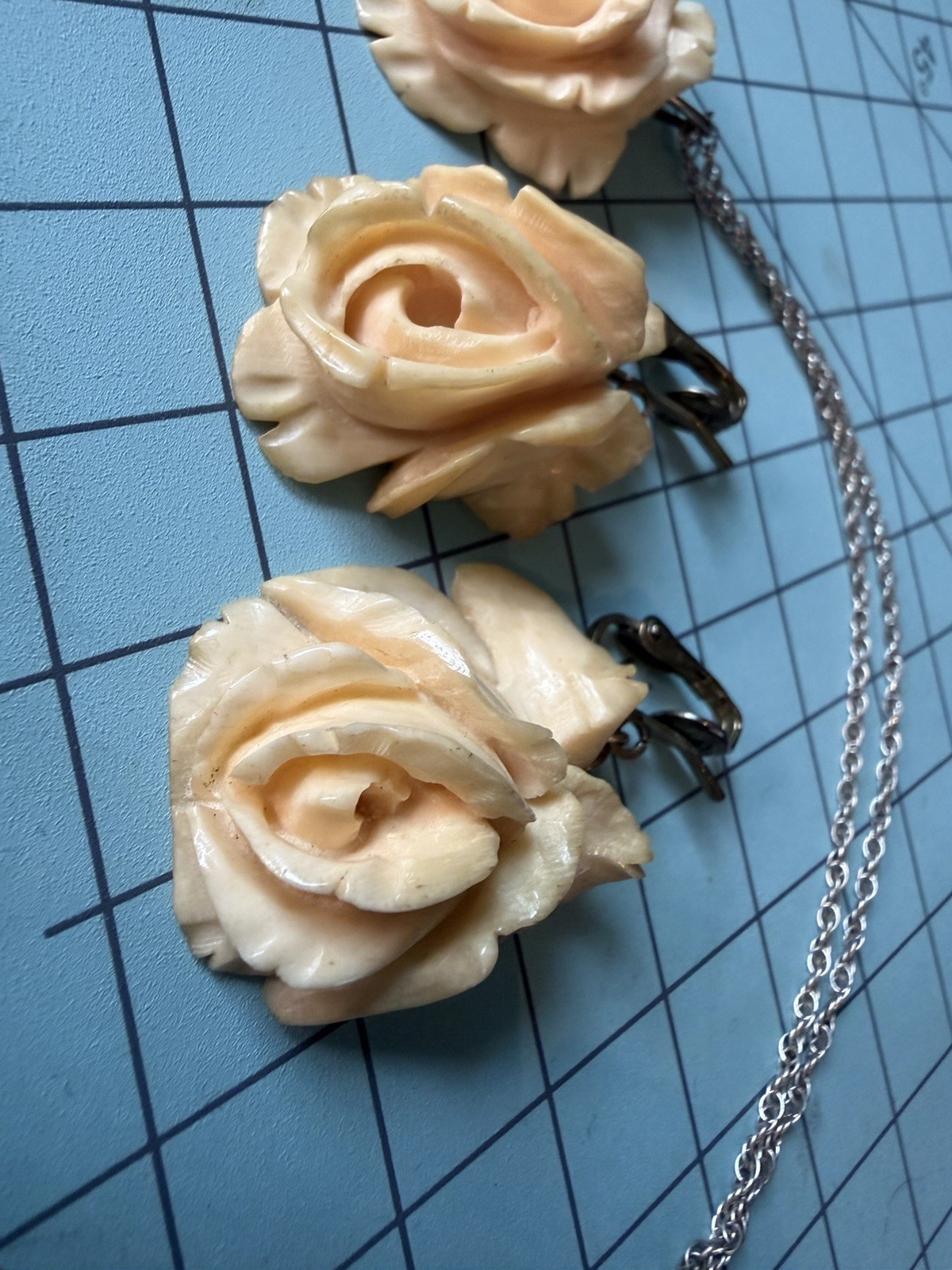 Vintage Chinese Export Carved Bovine Bone Rose Necklace and Drop Earring Set