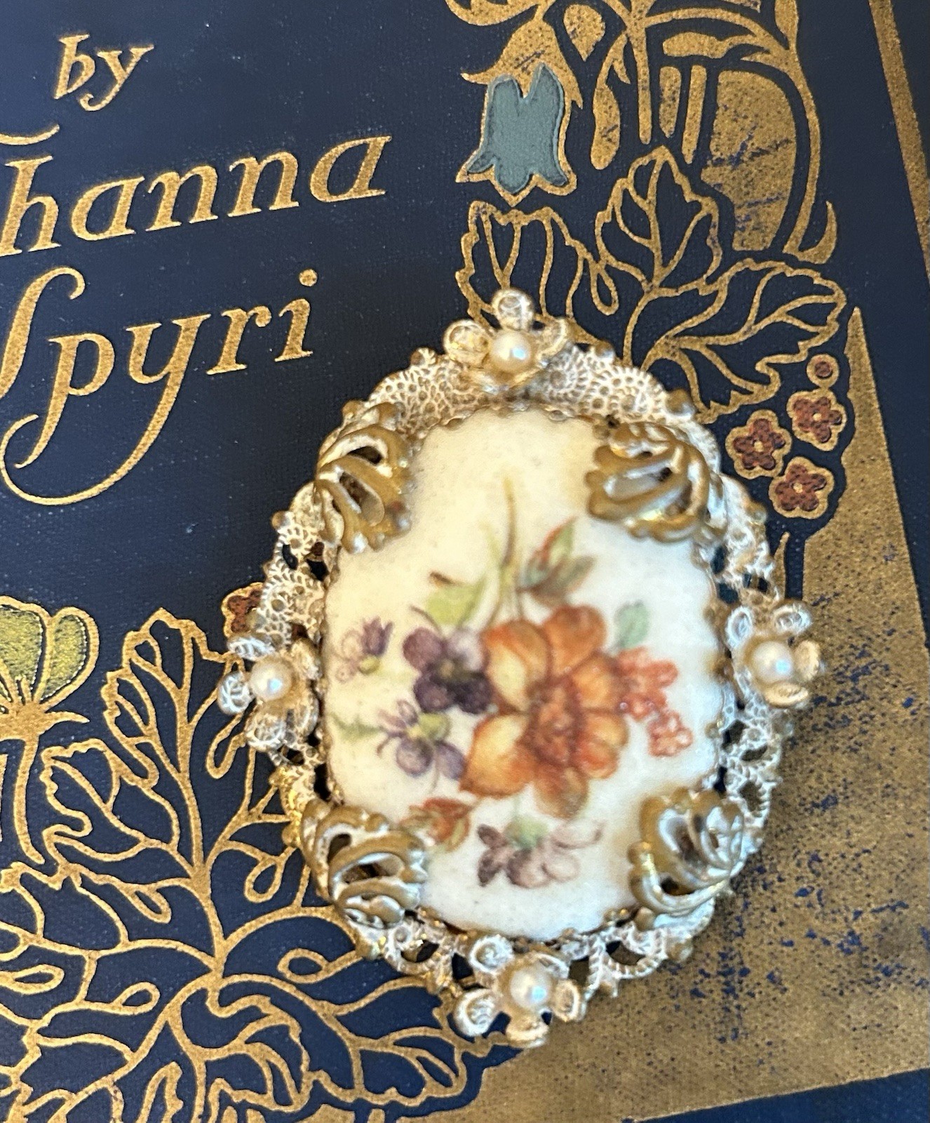 Vintage Sugar Coated Finish Floral Porcelain Oval Brooch Filigree West Germany