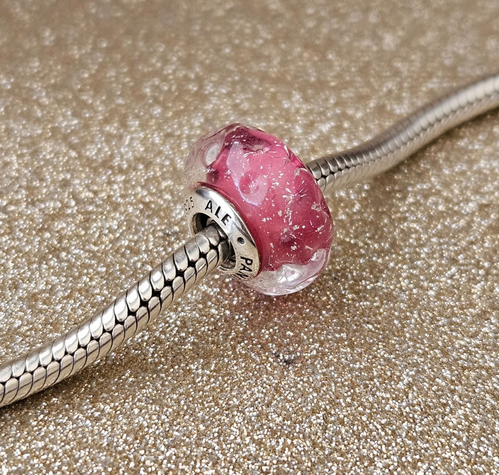 Authentic Pandora Wavy Fancy Pink Silver Murano Charm