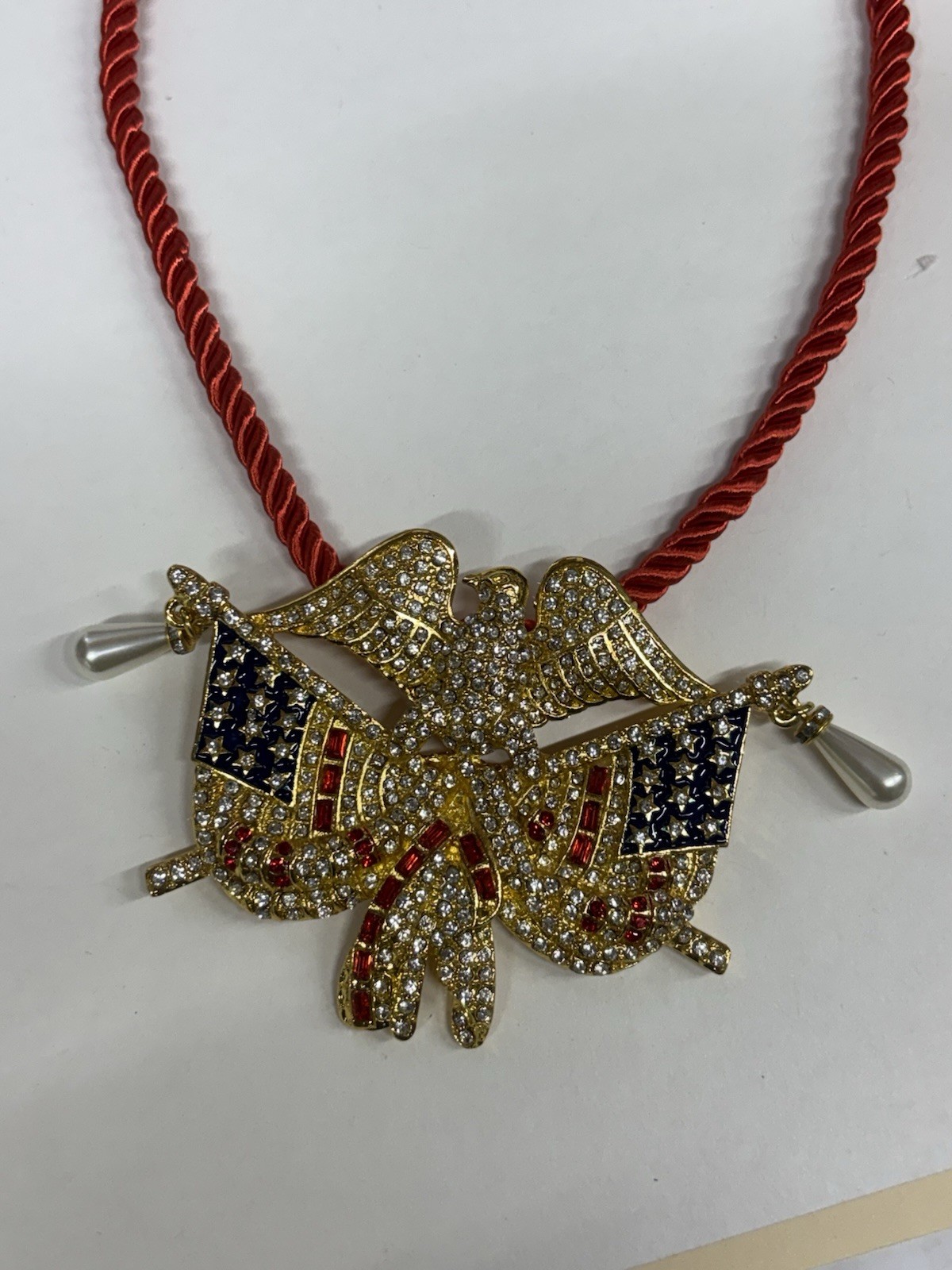 Flags Eagle Gold Tone Red White Blue Rhinestones Pearls USA 250th Necklace NEW