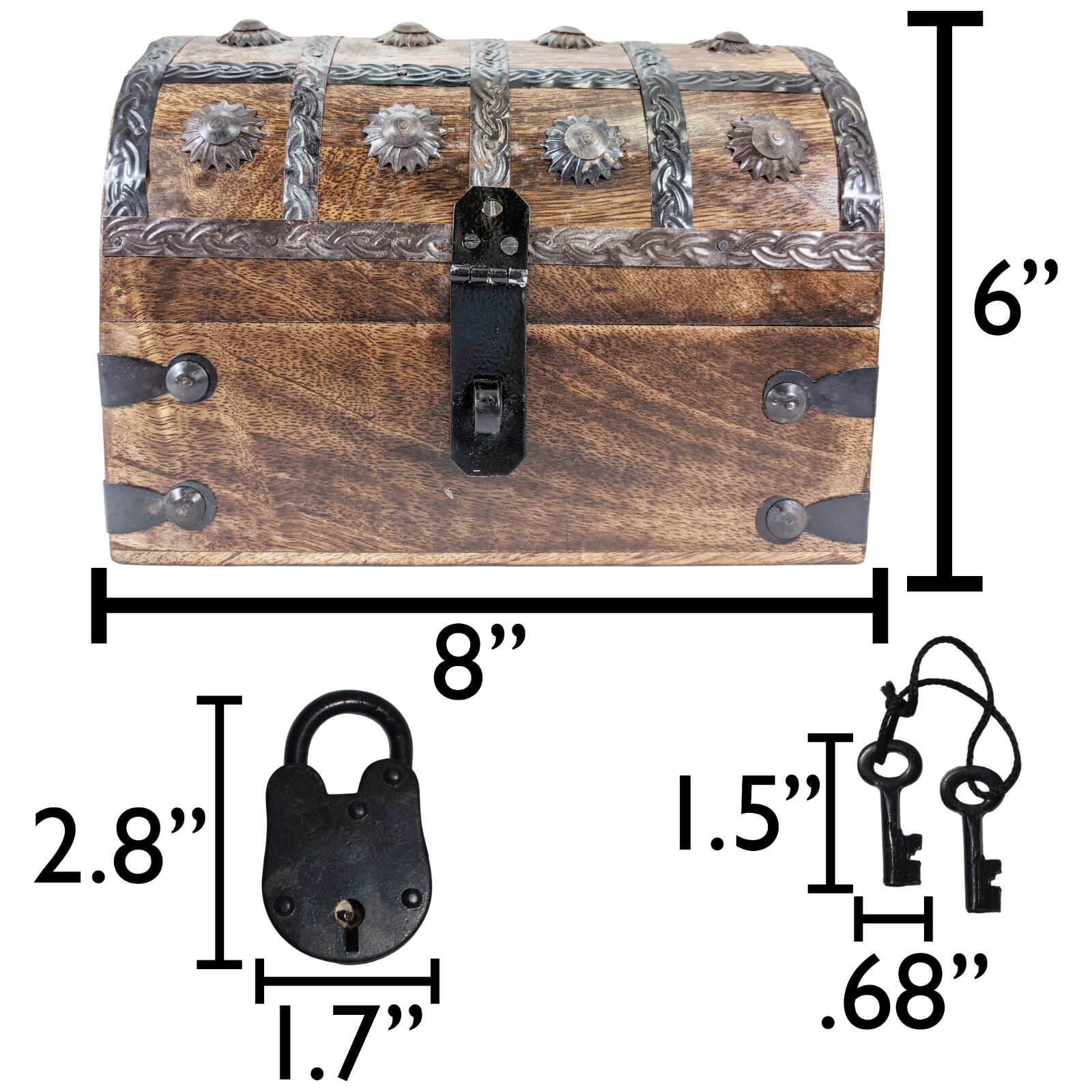 Pirate’s Treasure Chest Wooden Nautical Jewelry Box with Functional Lock and Key