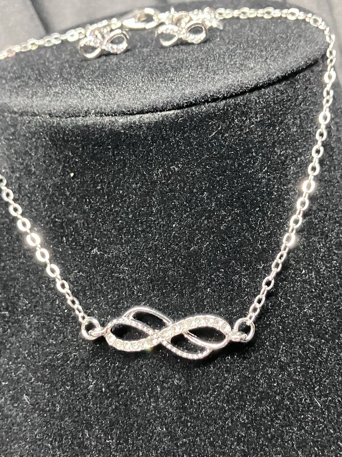 Womens Infinity Silver plated bracelet with stainless steel cz anklet + earrings