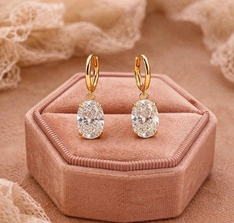 4 CT Oval EF-VS1 Lab Grown Diamond Drop Dangle Women Earrings 14K Yellow Gold