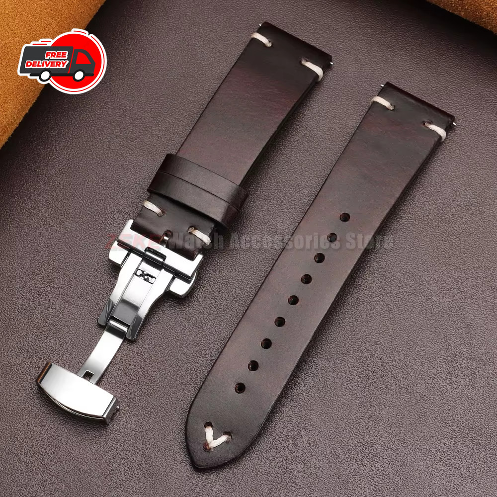 Genuine Leather Butterfly Buckle Watch Bands 18/20/22mm Waterproof Retro Oil Wax