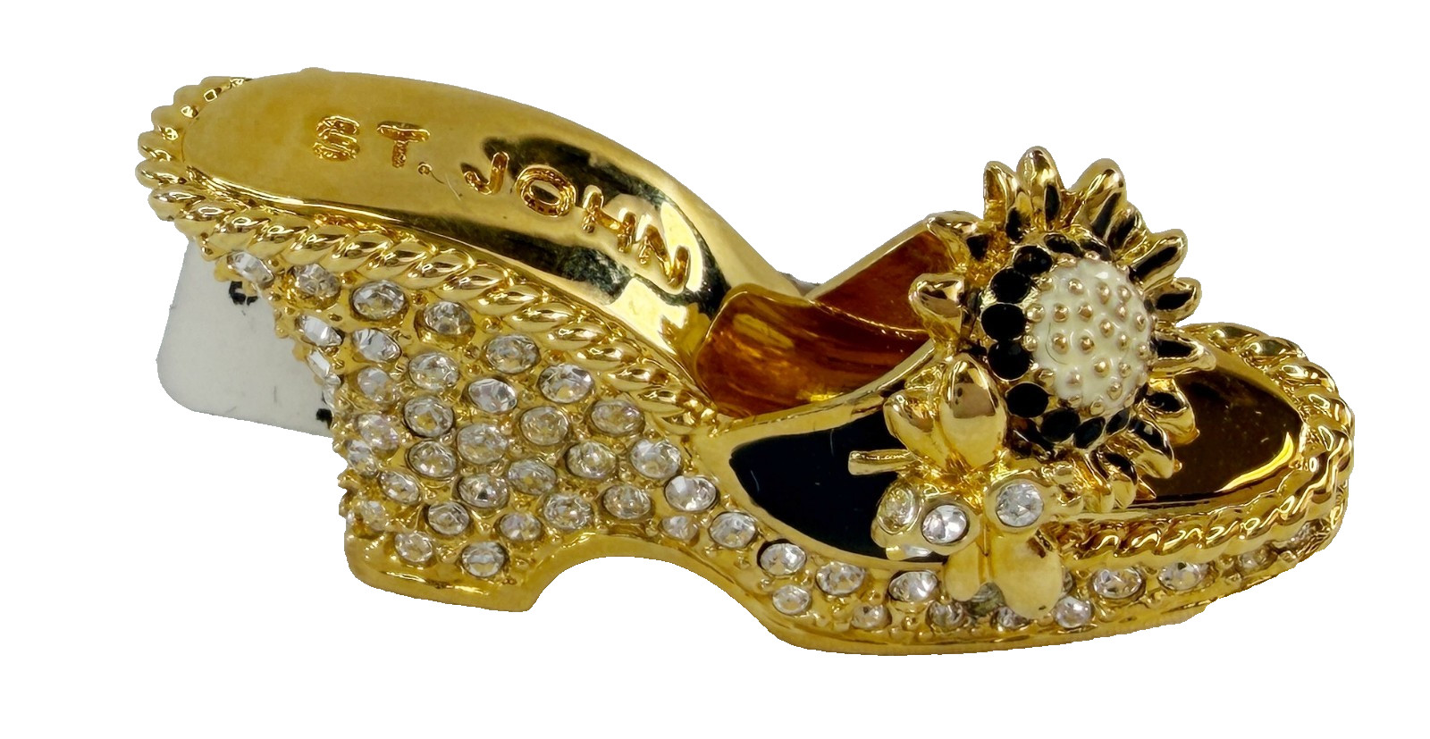 NWT ST. JOHN Shoe Brooch Wedge Pin Flower 24 KGP Black Multicolor Swarovski