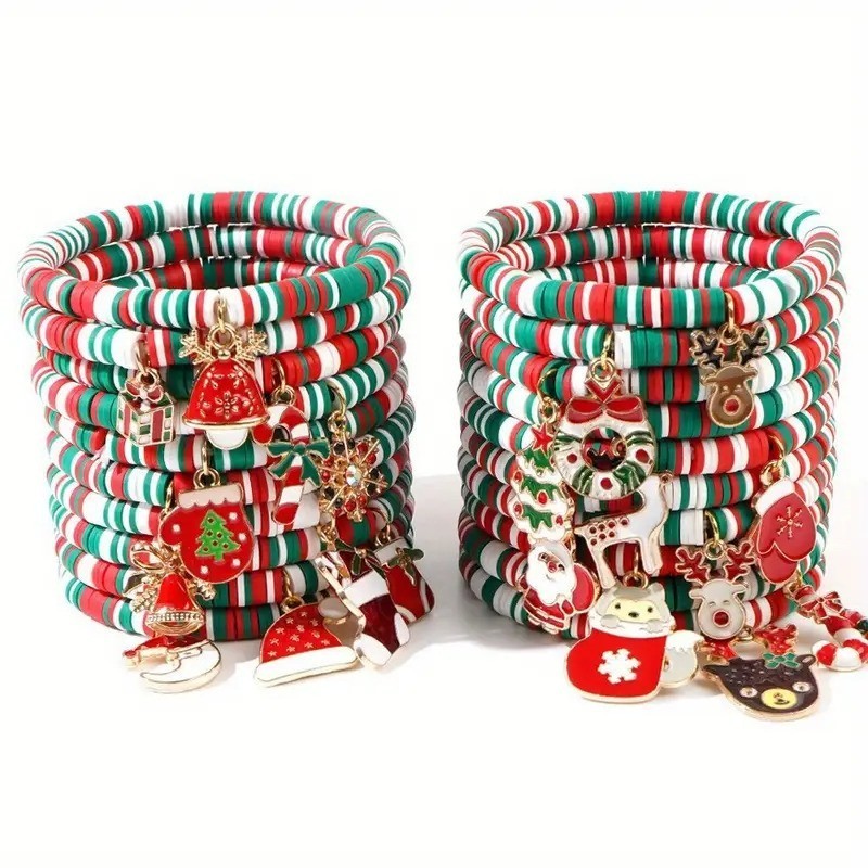 Random 10pcs Bohemian Style Christmas Heishi Adjustable Elastic Bracelet Set