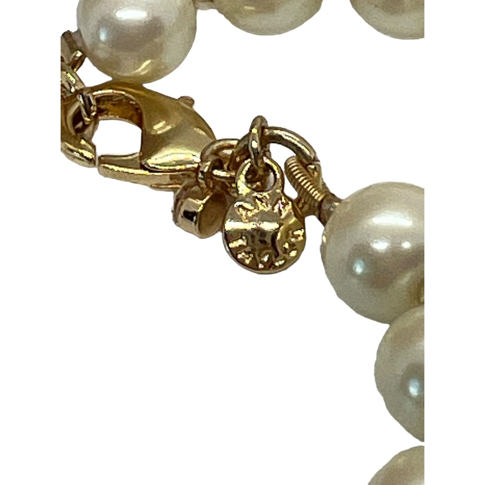 Ann Taylor Gold Tone Faux Pearl Tassel Necklace Clear Rhinestones 29″ Long