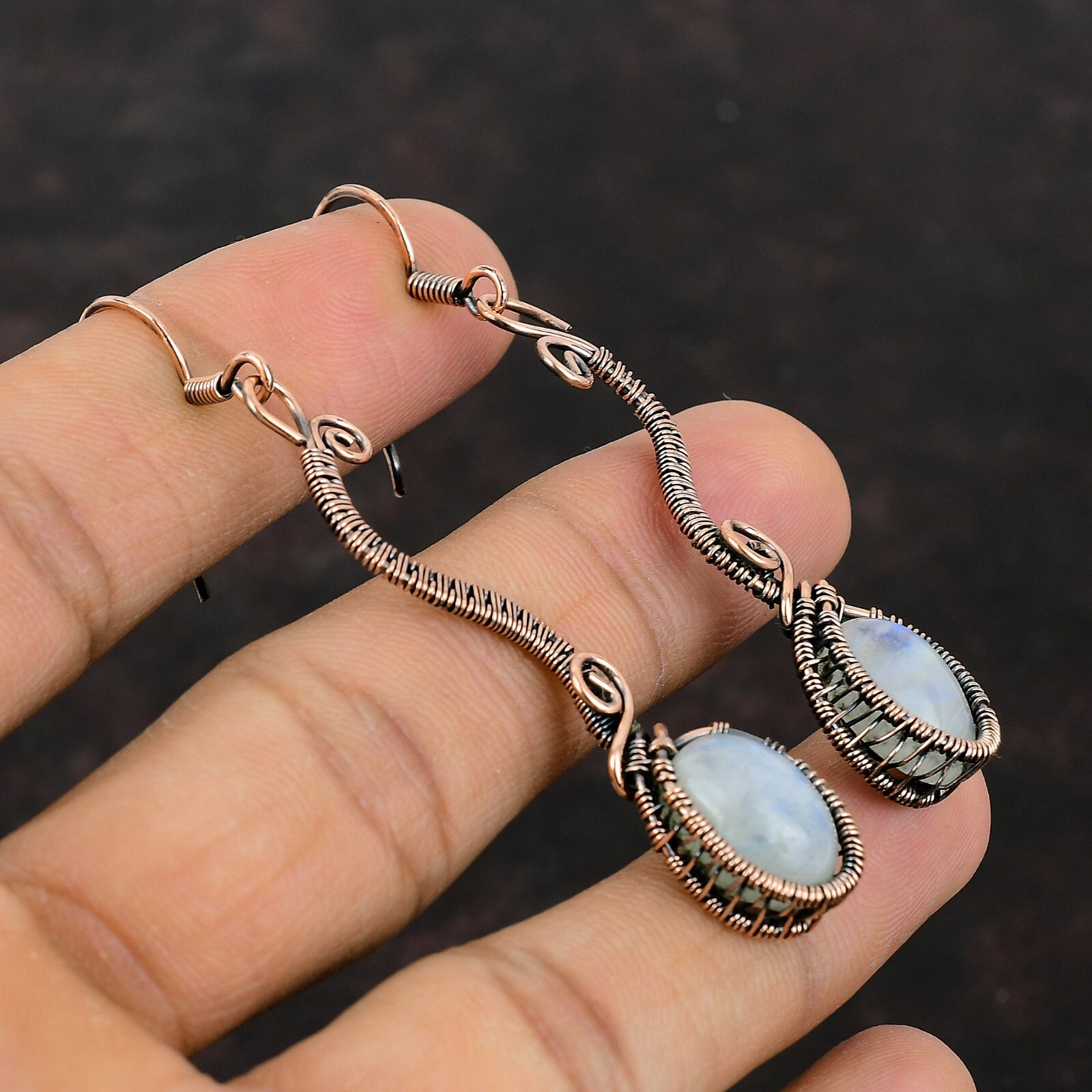 Rainbow Moonstone Copper Gift For Mother Wire Wrapped Drop/Dangle Earrings 2.72″