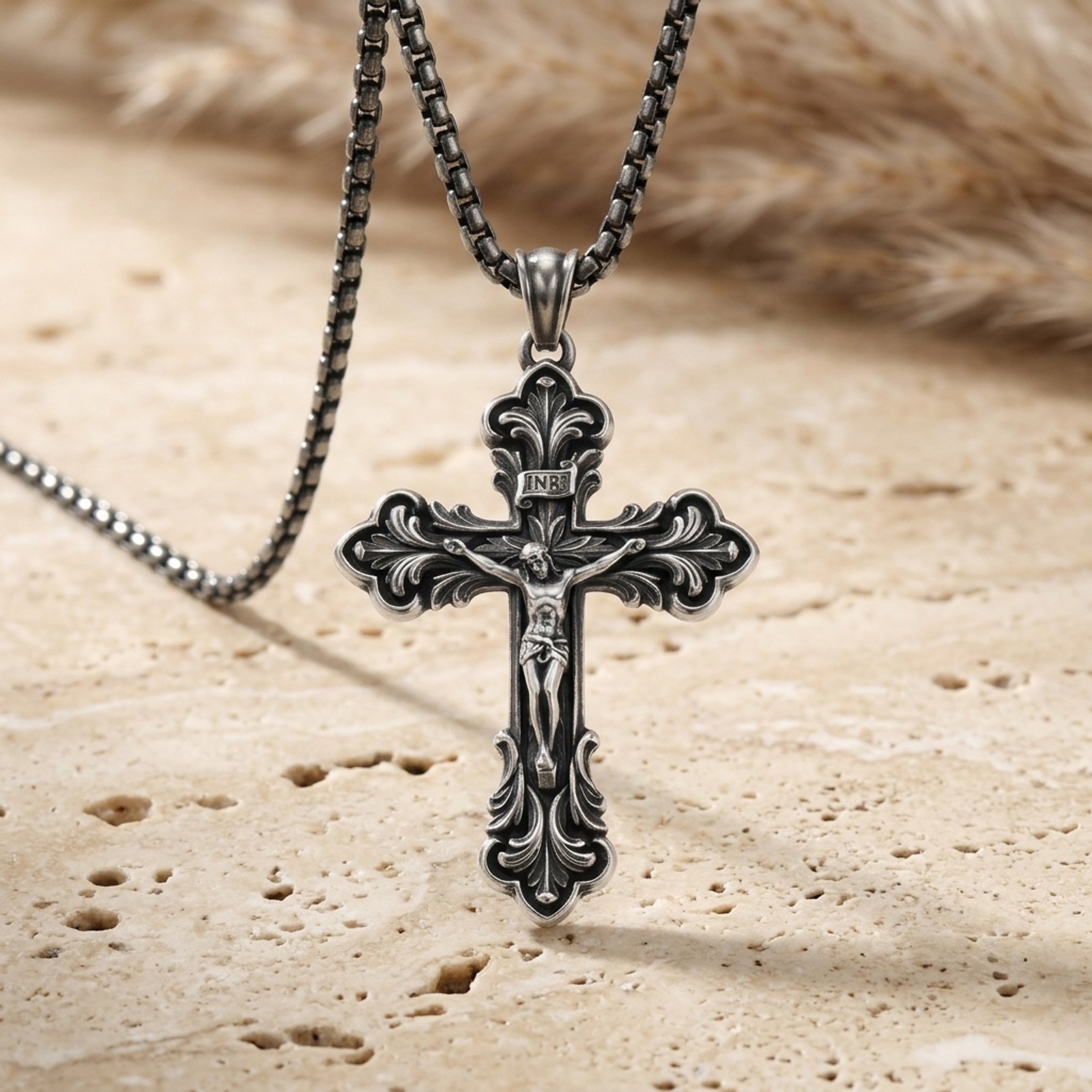 Artemis Sterling Silver Crucifix Pendant Oxidized Antique Catholic INRI Unisex