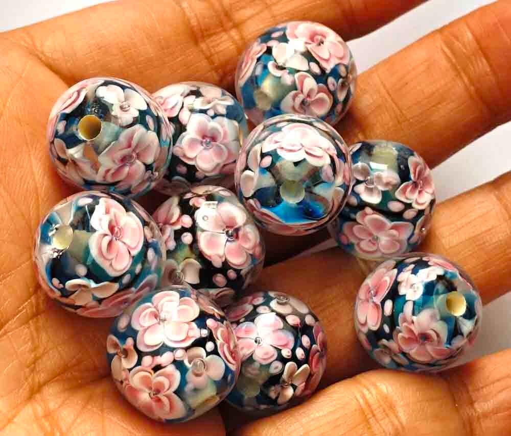 10pcs handmade Lampwork glass beads glass Pink Plum on blue 14mm