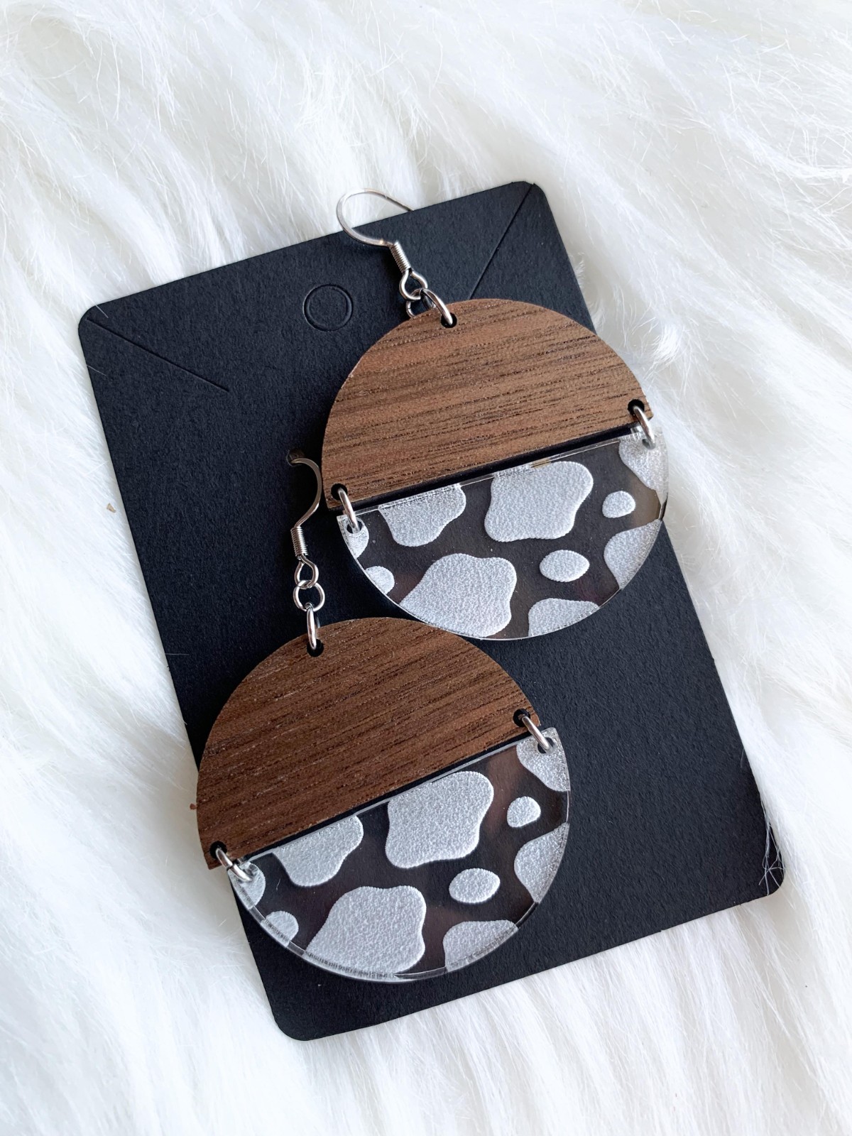 Wood and Acrylic Cow Print Earrings – Stainless Steel Hardware