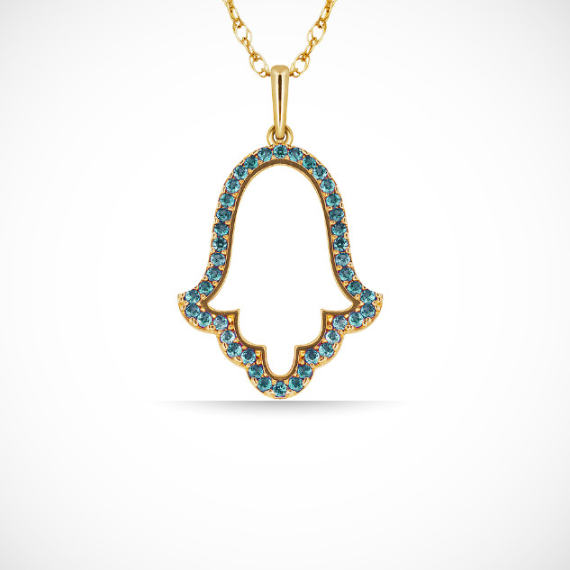 Hamsa Hand Evil Eye Charm Pendant For Women Simulated CZ Crystal 14k Yellow Gold