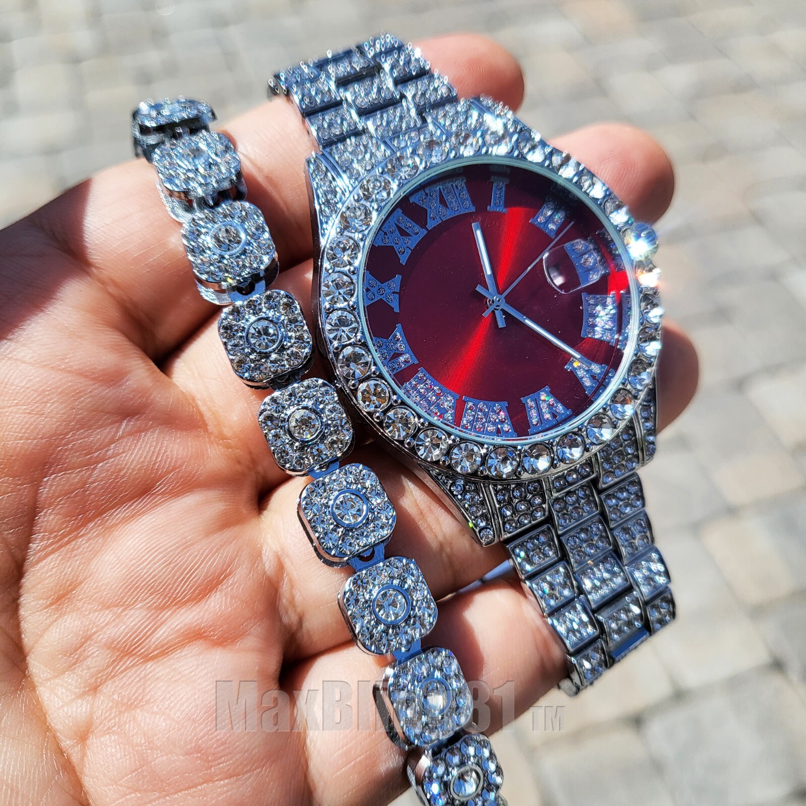 SILVER PLATED LUXURY BLING METAL BAND WATCH & ICED HIP HOP CZ CHAIN BRACELET SET