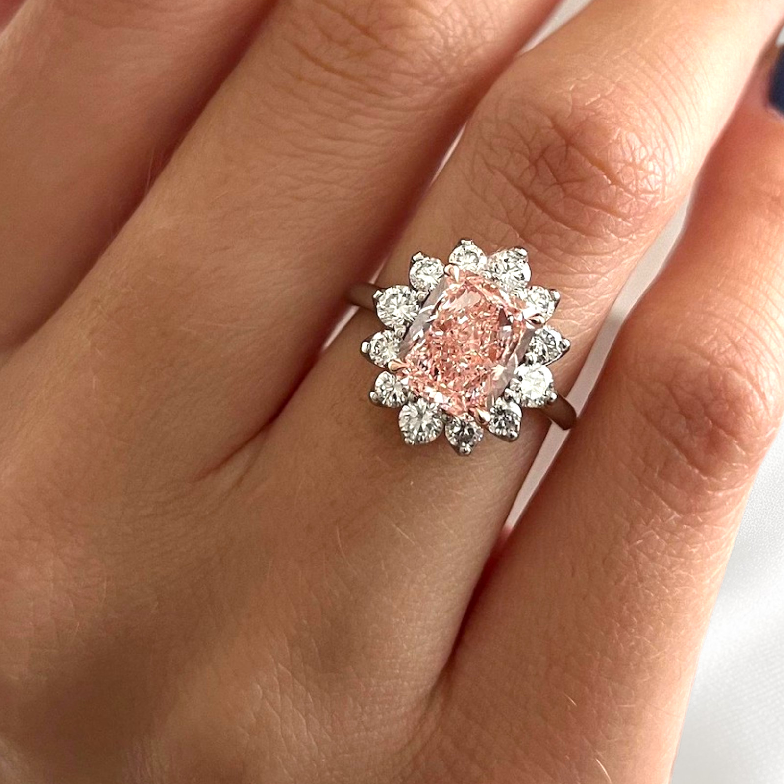 IGI Lab Created Diamond Ring Fancy Intense Pink 3.90 Ct Cushion Cut 950 Platinum
