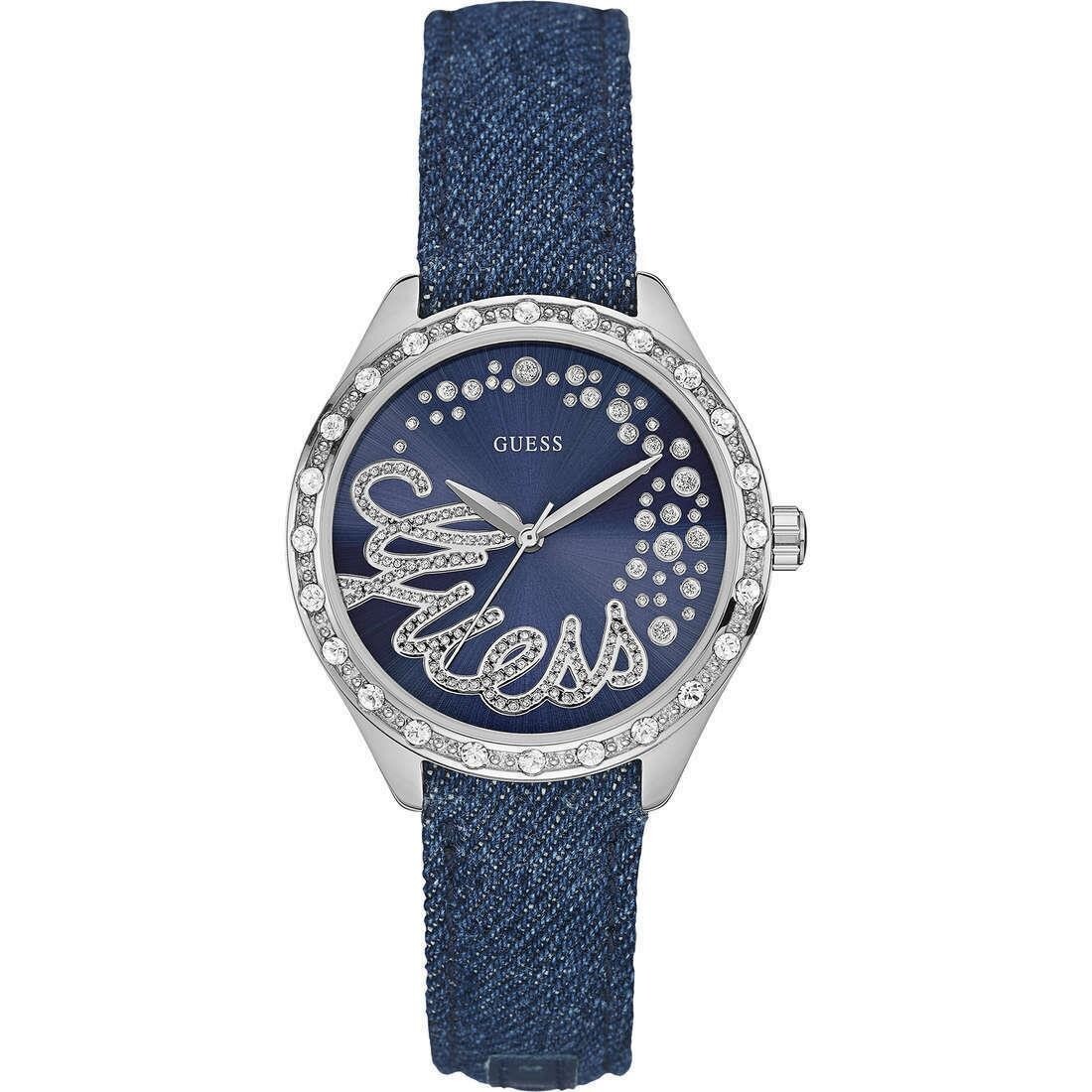 Guess Gem-Set Blue Dial Leather denim Strap Women’s steel case Watch W0023L5