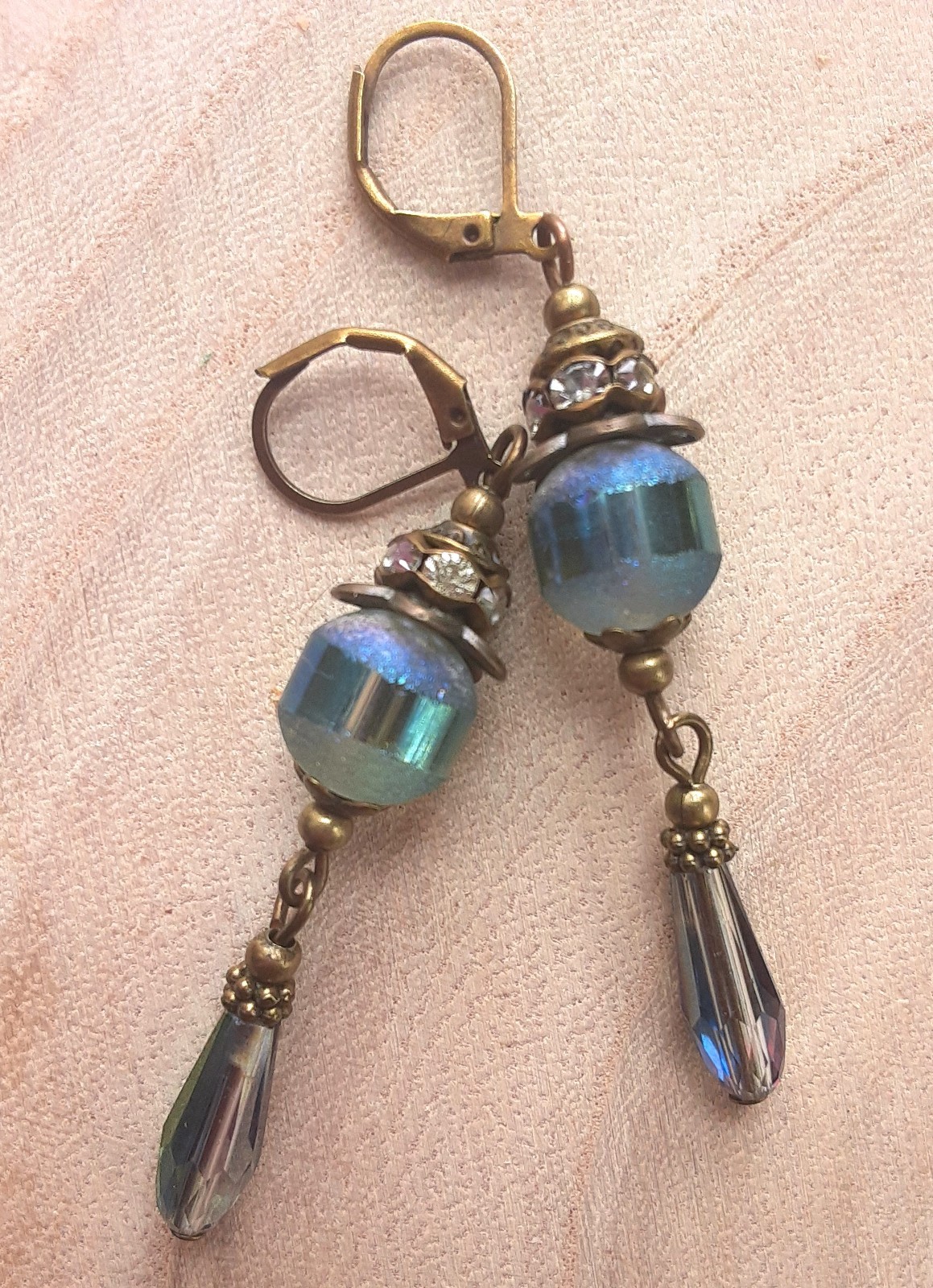 Banded Frosted CRYSTAL dangle earring Bronze LEVERBACK handcrafted #DMX