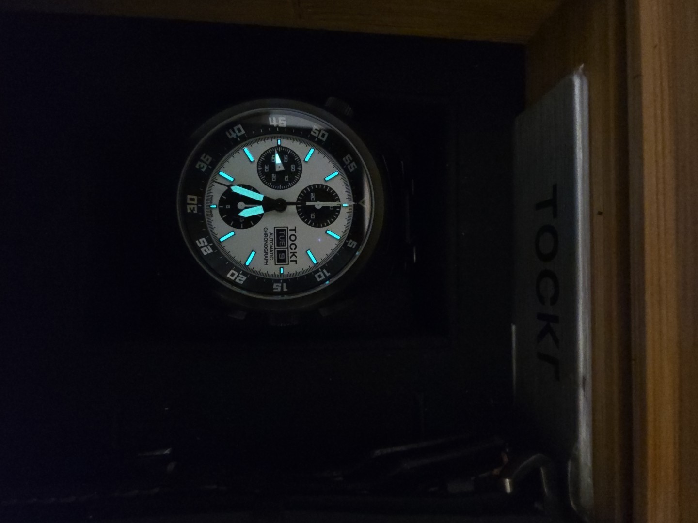 Tockr Air Defender 45mm Auto Chrono Panda 4447 Watch w/ Box #WB3527 Valjoux 7750