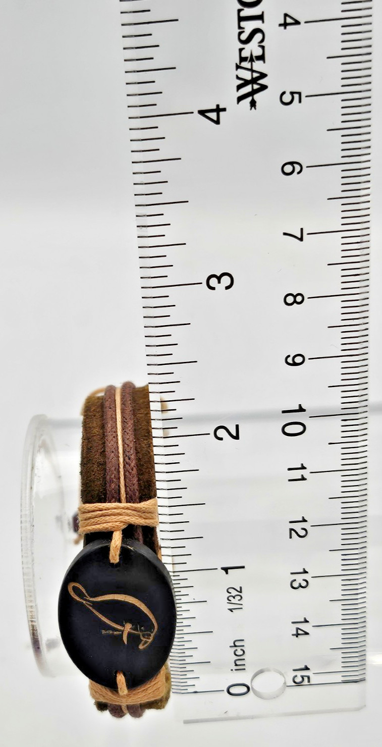 Adjustable Leather Cord Bracelet Engraved Manatee Wood Medallion Boho
