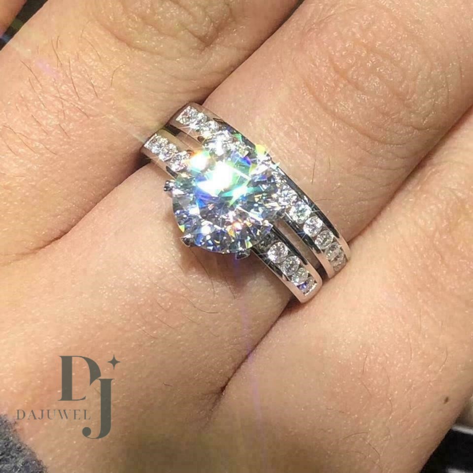 Moissanite Bridal Set Engagement Ring Solid 14K White Gold 2.50 Carat Round Cut