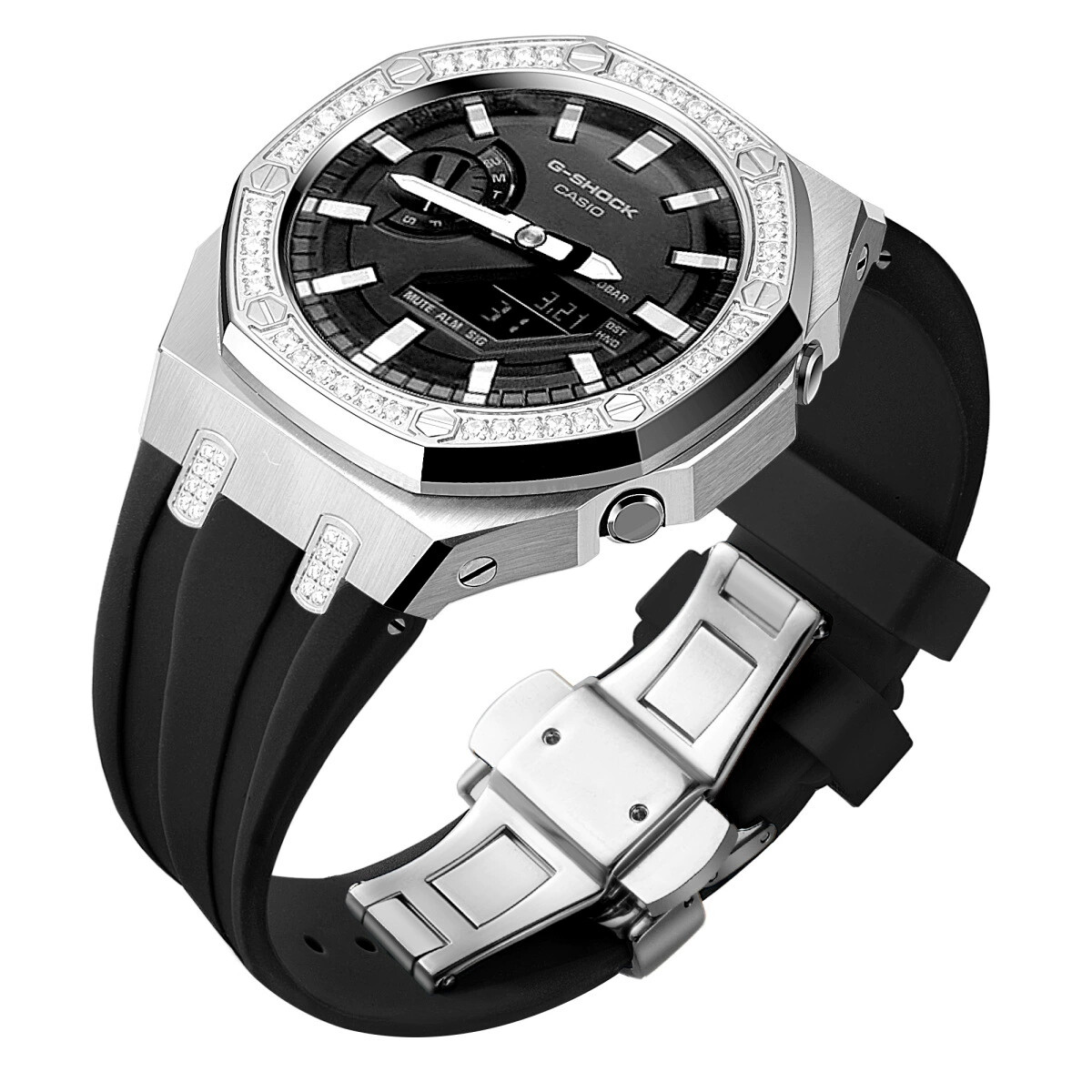 Bling Diamond Stainless Steel Bezel Mod Kit Case Band for G-SHOCK GA-2100 GA2110