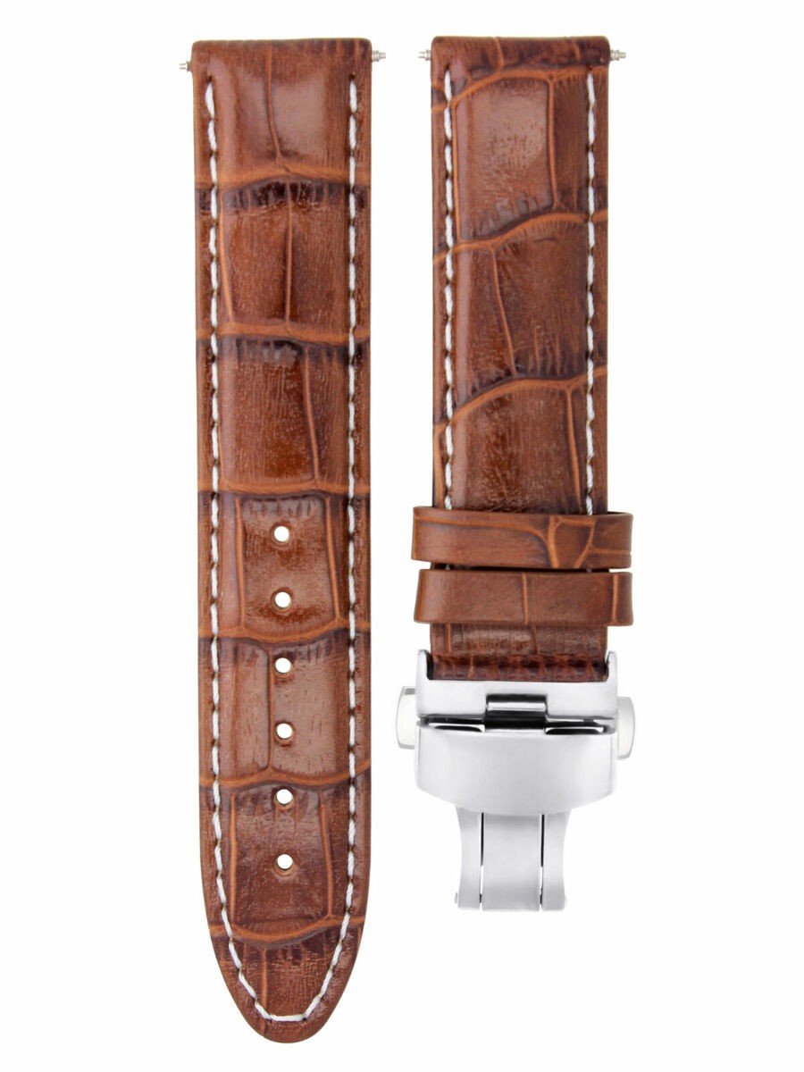 19mm Light Brown Leather Replacement Watch Strap White Stitching For Breitling