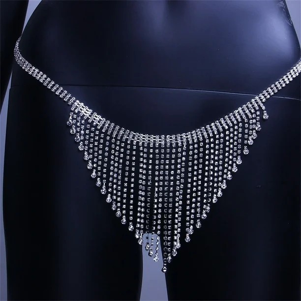 Silver Sexy Rhinestone Thong Belt Body Jewelry Lingerie Crystal Chain Skirt