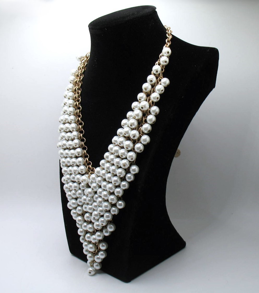 Vintage RJ Graziano statement bib necklace Goldtone chainmail and faux pearls