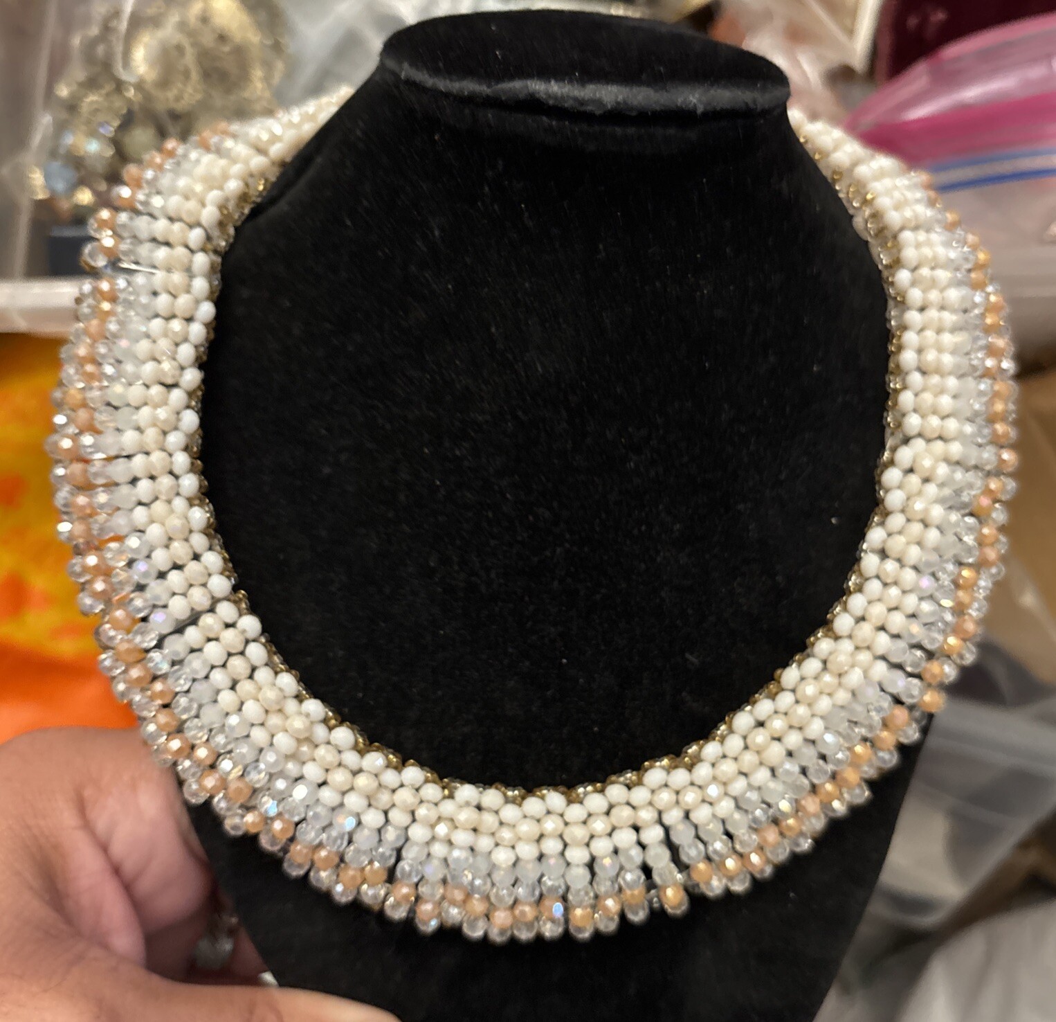 Vintage Nakamol Jeweled Bib Collar Statement Necklace White
