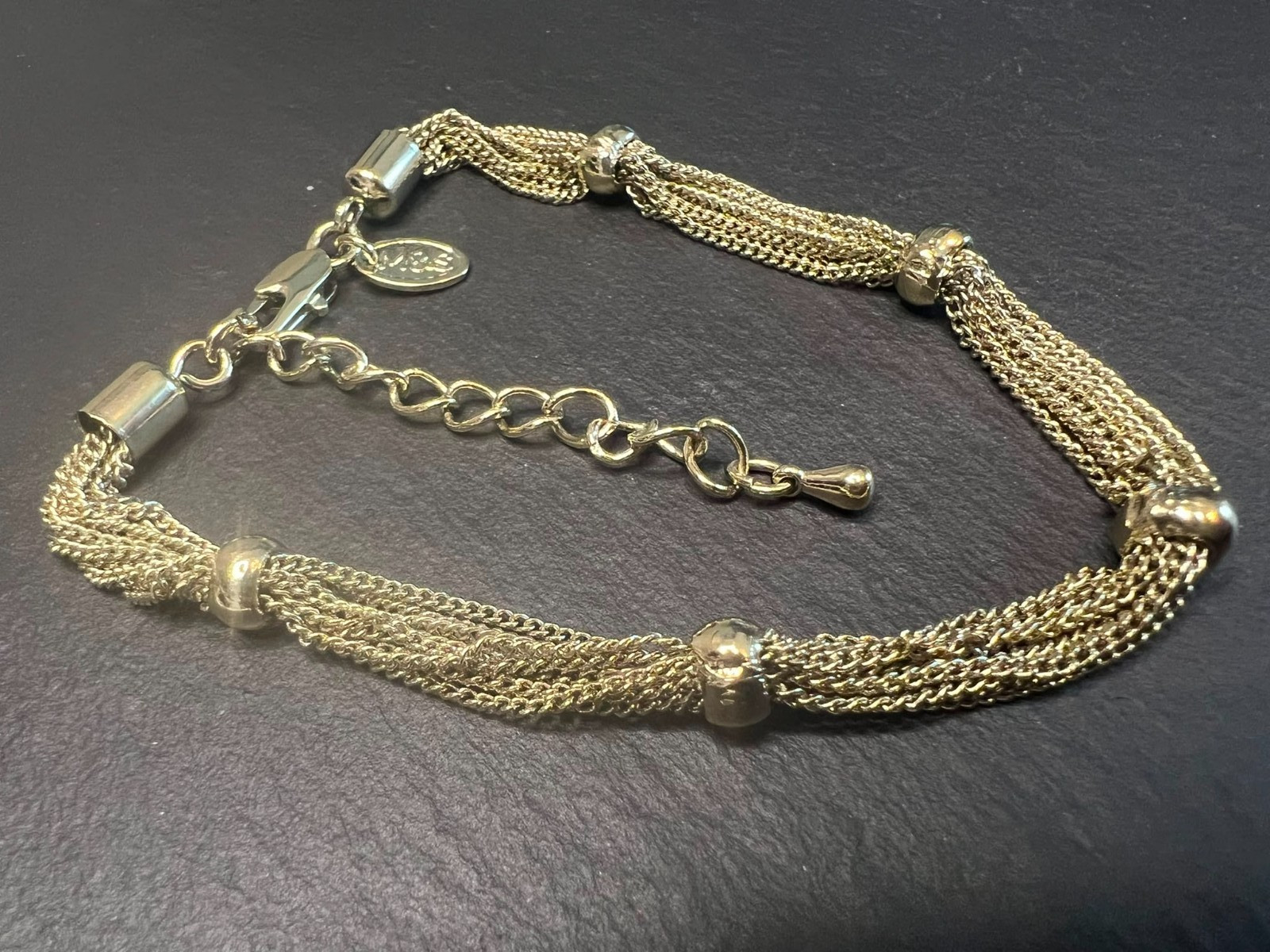 M&S Gold Tone Multi Chain Bracelet Adjustable Costume Jewellery Beaded 18-23cm