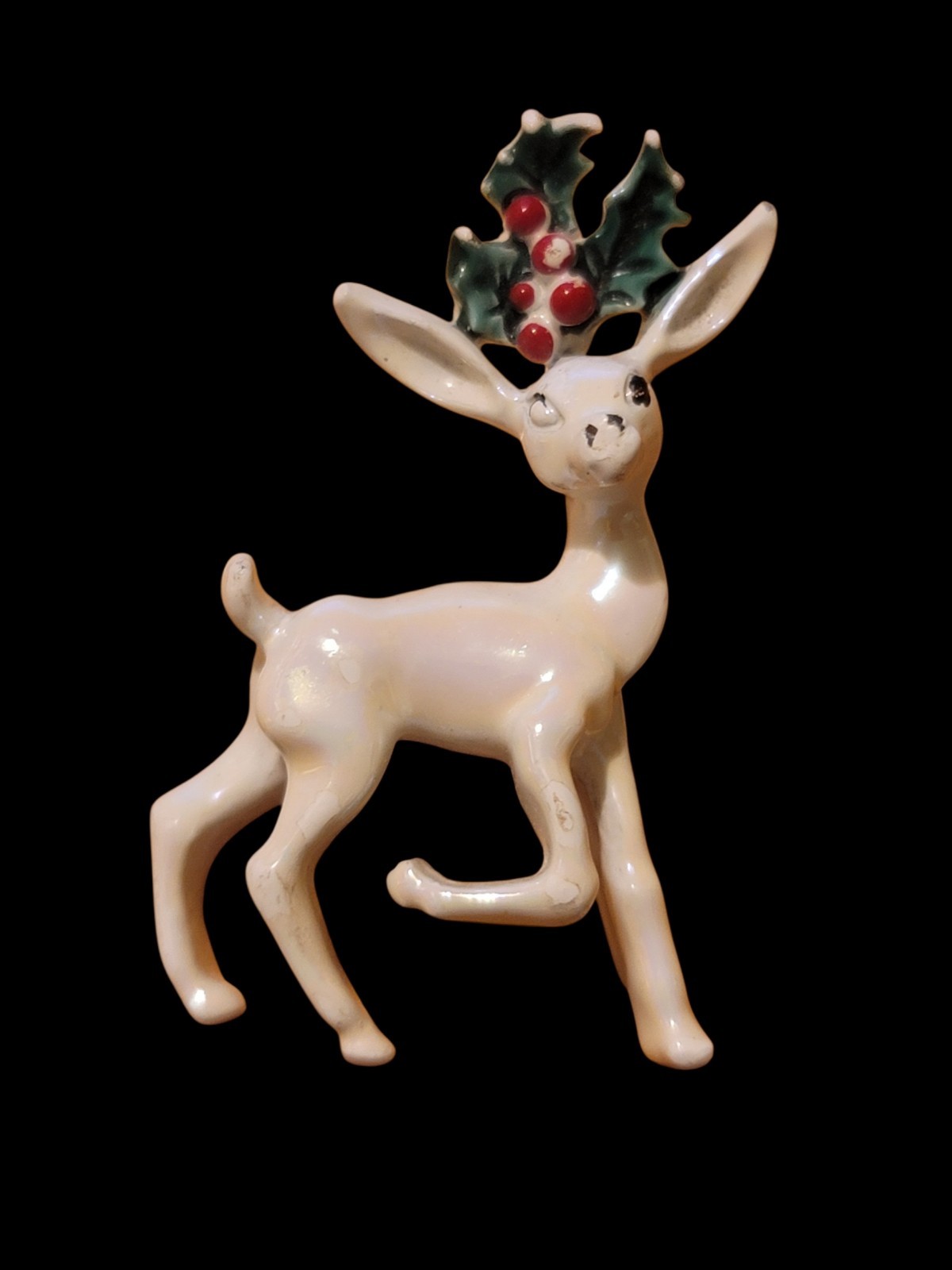 Gerry’s Enamel White Reindeer Brooch Pin Iridescent Christmas Signed Vintage