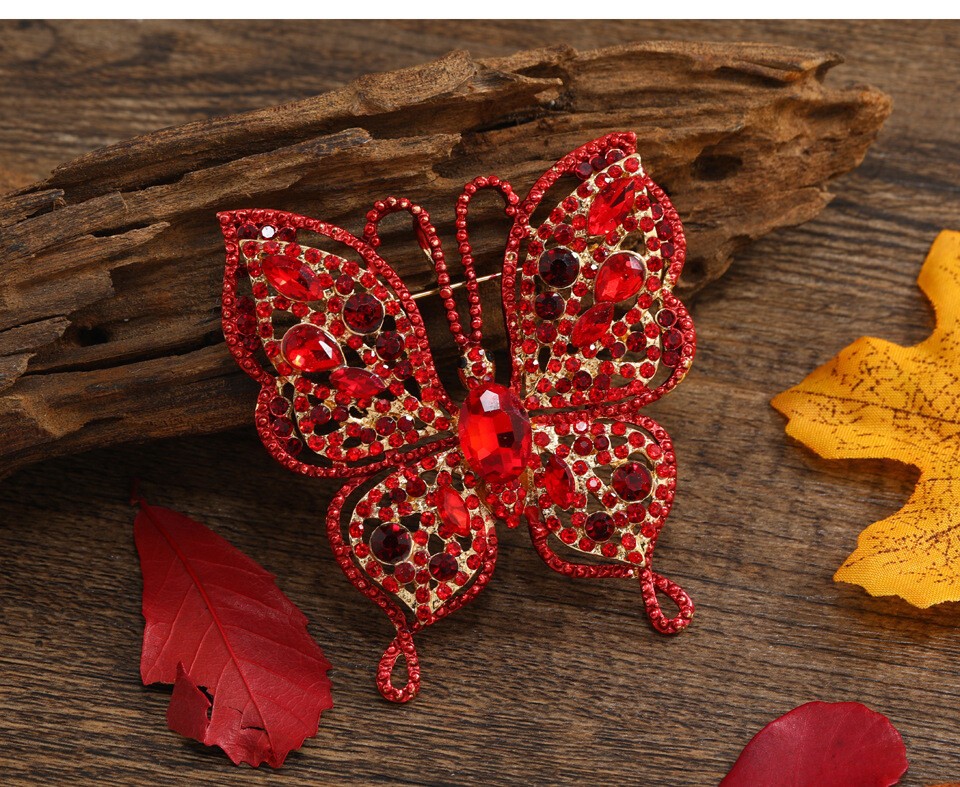Small Size Red Butterfly Insect Woman Pendant Brooch Pin Red Austria Crystal
