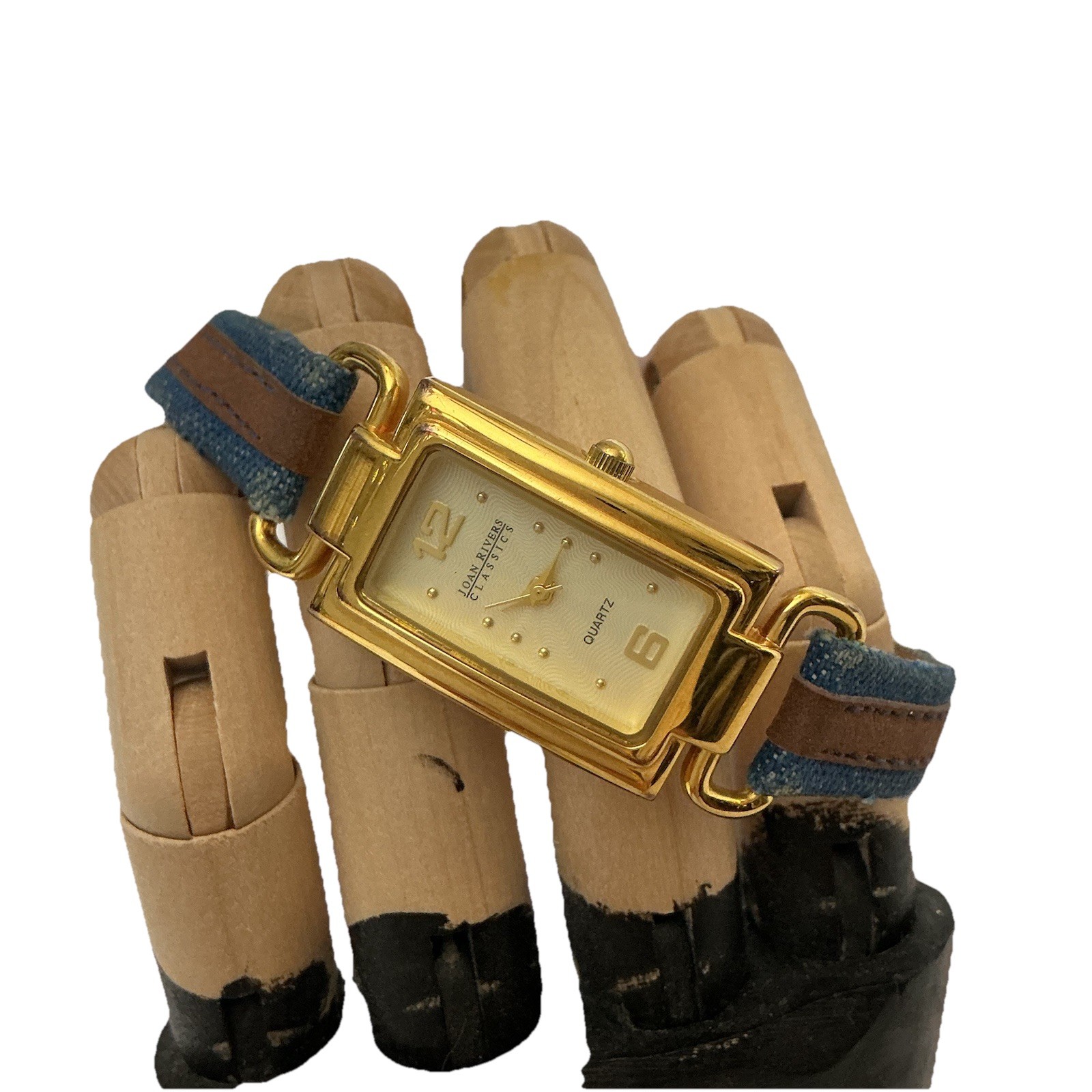 Joan Rivers Classics Watch V377 Denim W/Leather Strap Gold Plate Japanese Mvmt
