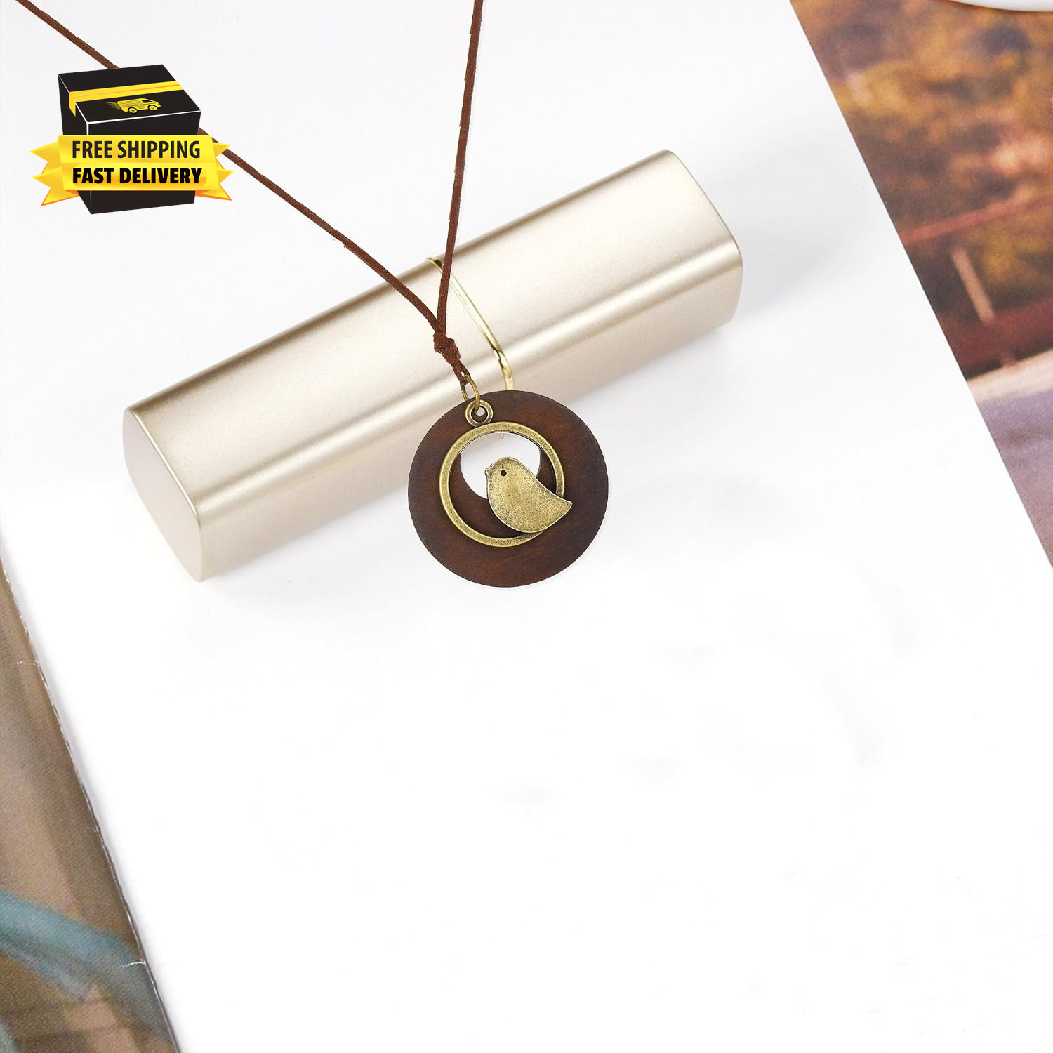 Circular Hollow Wood Necklace Hanging Rope Design Boho Chic Bird Pendant Necklac