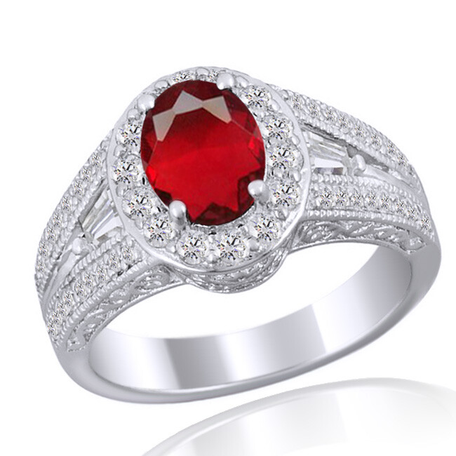 2.65ctw Created Ruby Simulated Diamond solitaire With Accent Silver Ring