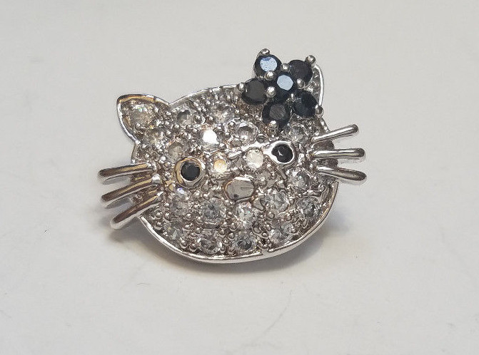 HELLO KITTY 925 GENUINE STERLING SILVER CZ ONYX LADIES DESIGNER BROOCH PIN NEW