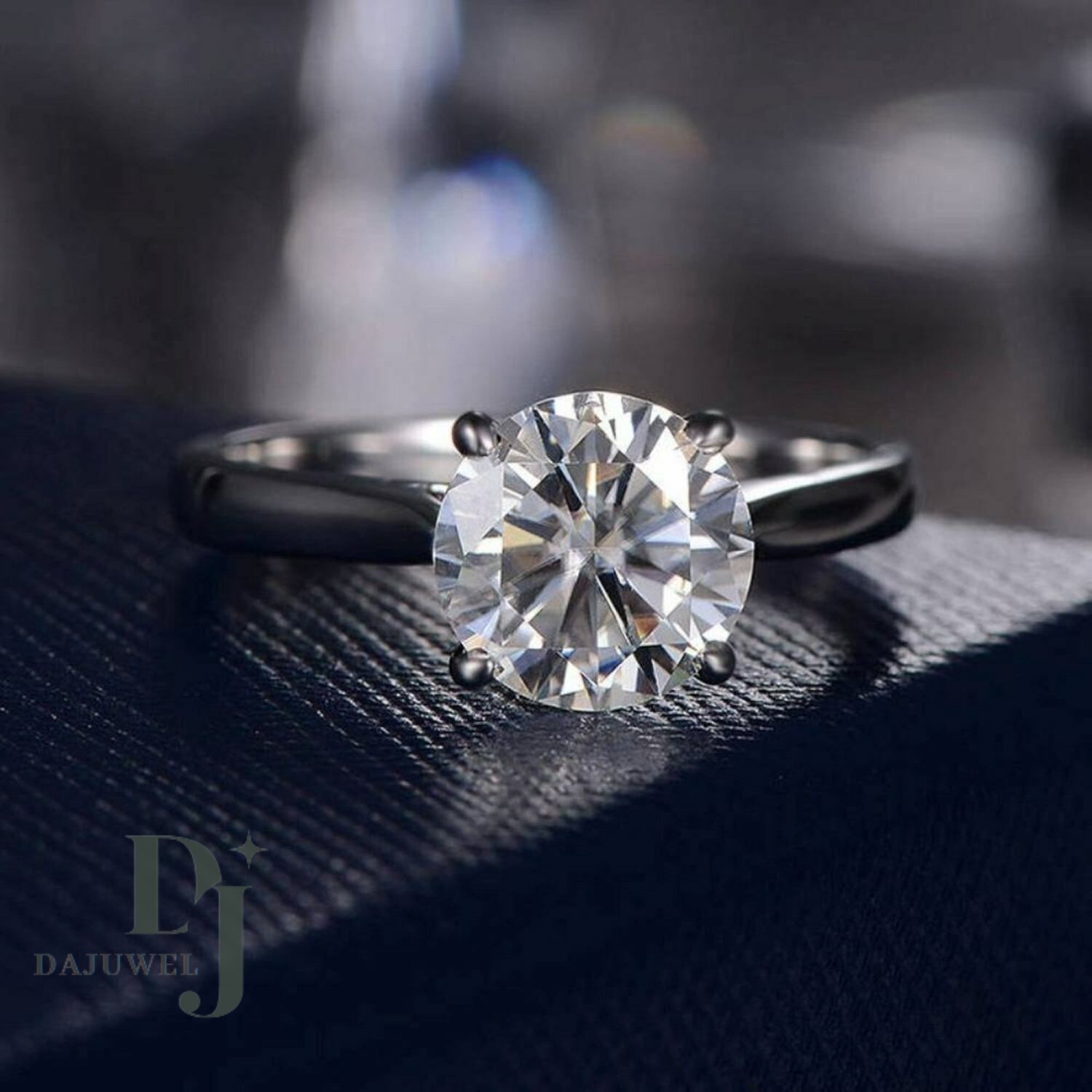 Solid 14K White Gold Moissanite Solitaire Engagement Ring 2 CT Round Cut F/VVS1