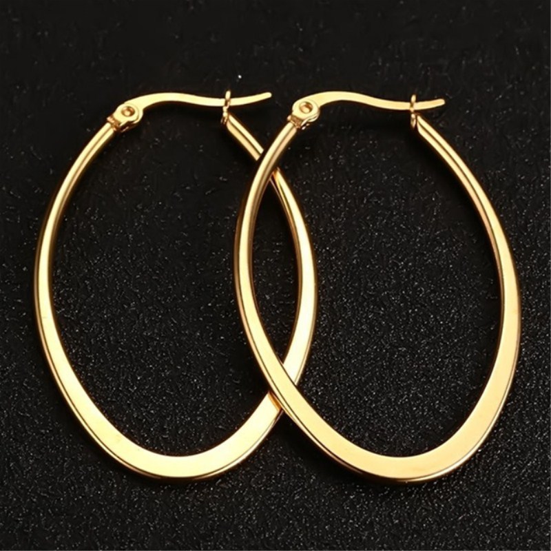 Womens Unique Black/Silver/Rose Gold/Gold Stainless Steel Big Oval Hoop Earrings