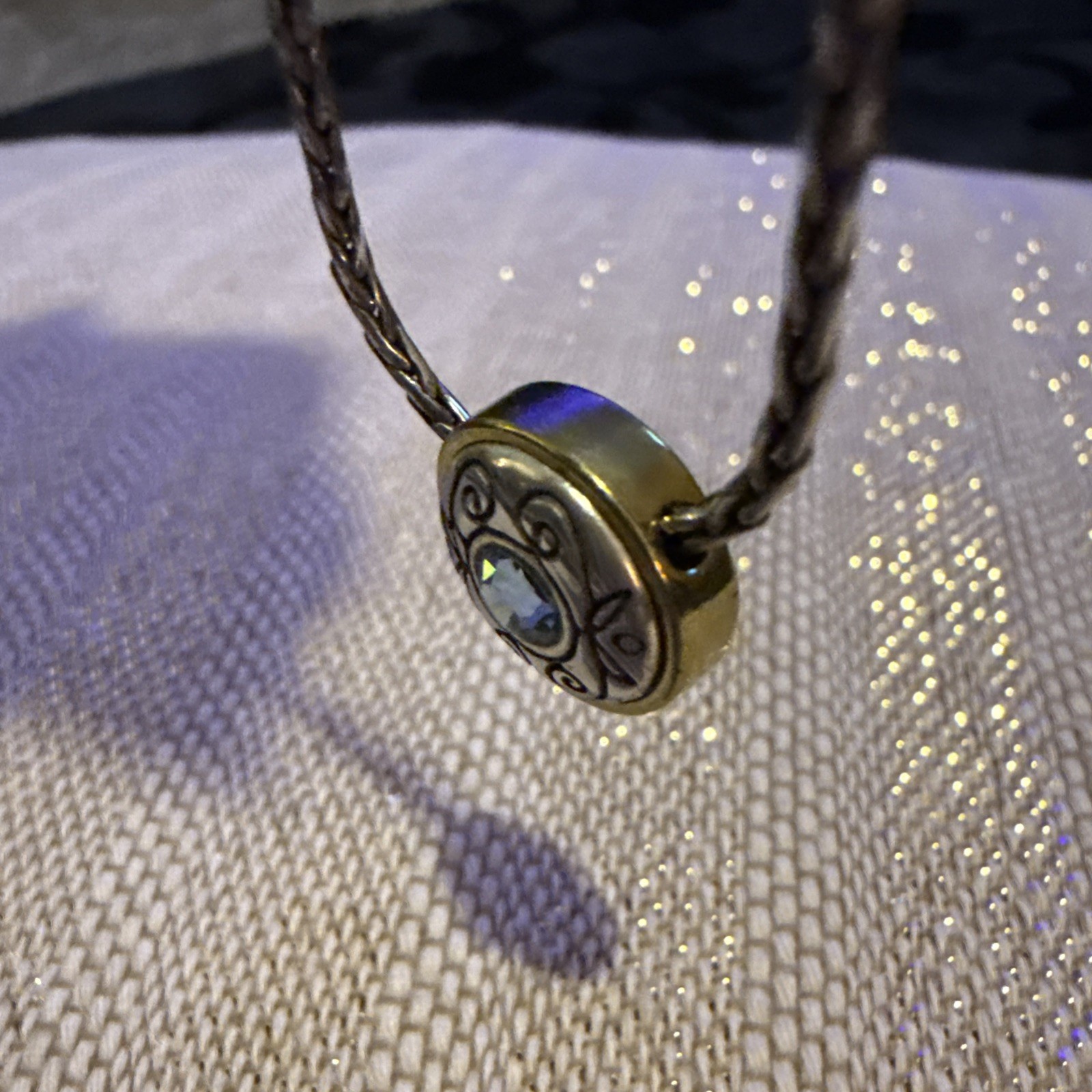 Brighton Silver Tone Chain Necklace Blue Swarovski Crystal Charm Gold Accents