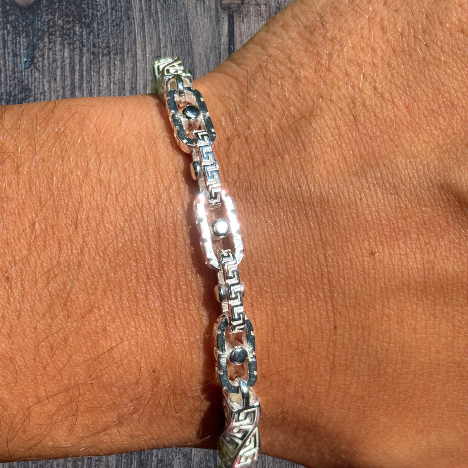 7mm Greek Key Rolo Link Bracelet – Real Solid 925 Sterling Silver MADFE IN ITALY