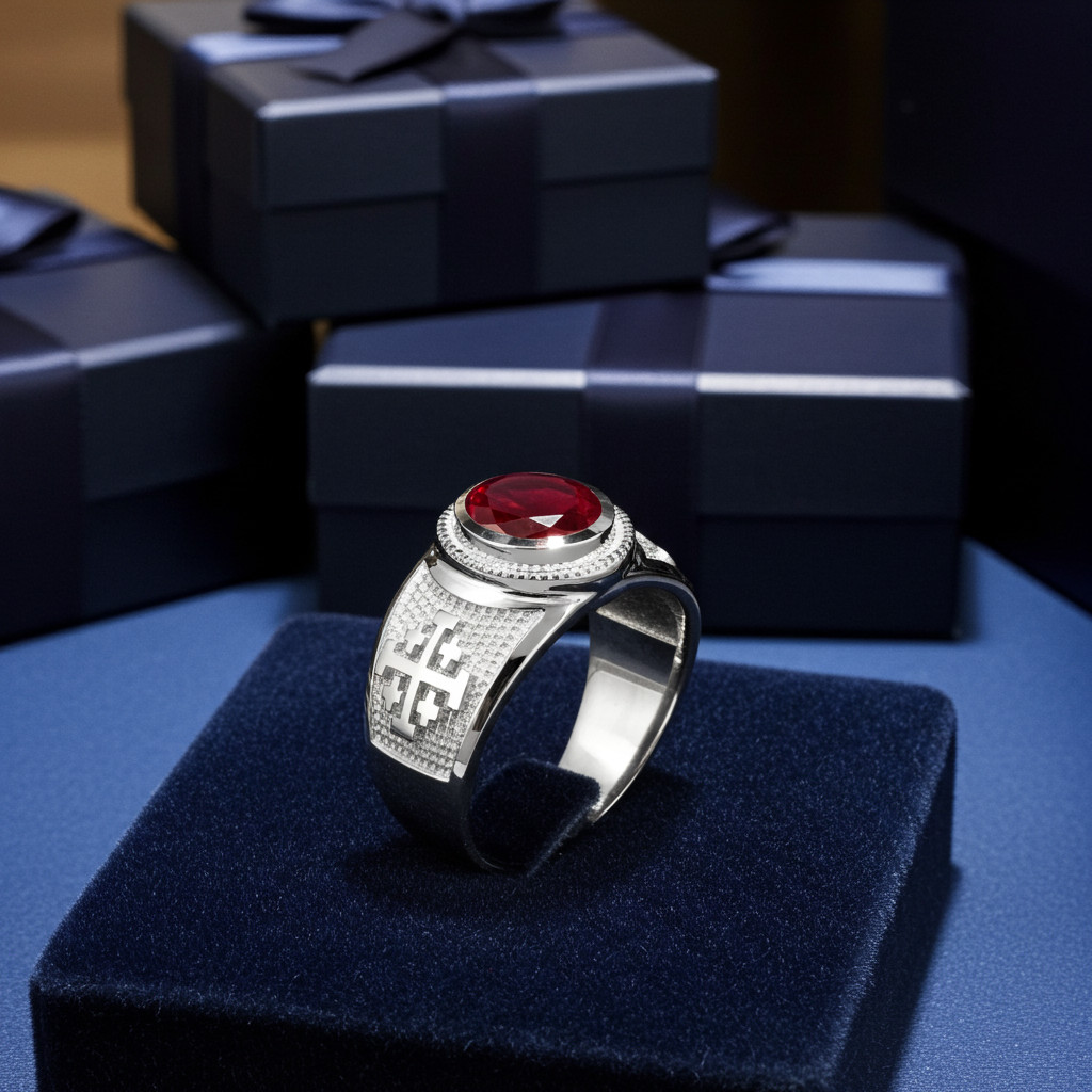Sterling Silver Jerusalem Cross Birthstone CZ Ring