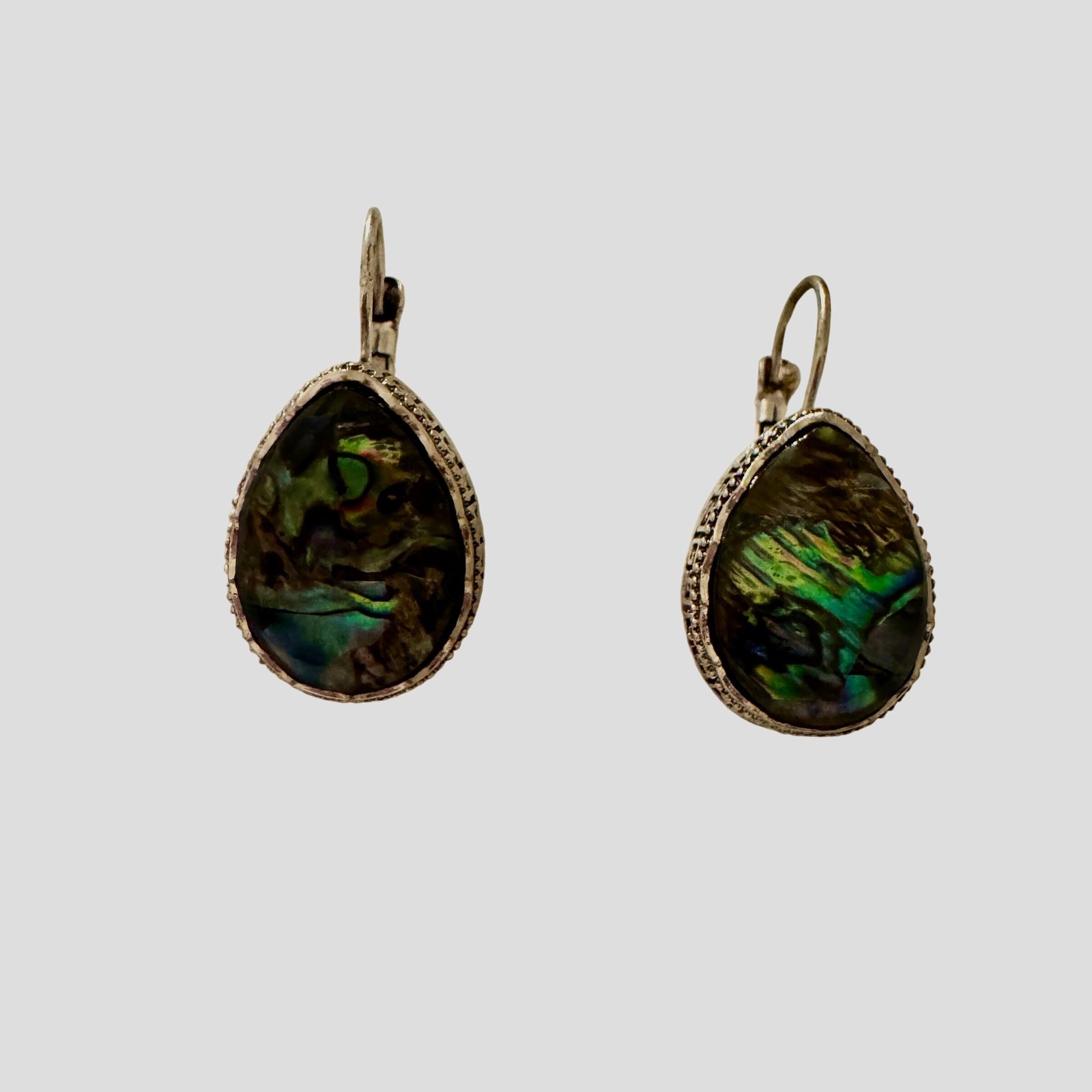 Abalone Shell Teardrop Earrings Silver Tone Greek Key Leverback Iridescent Pear