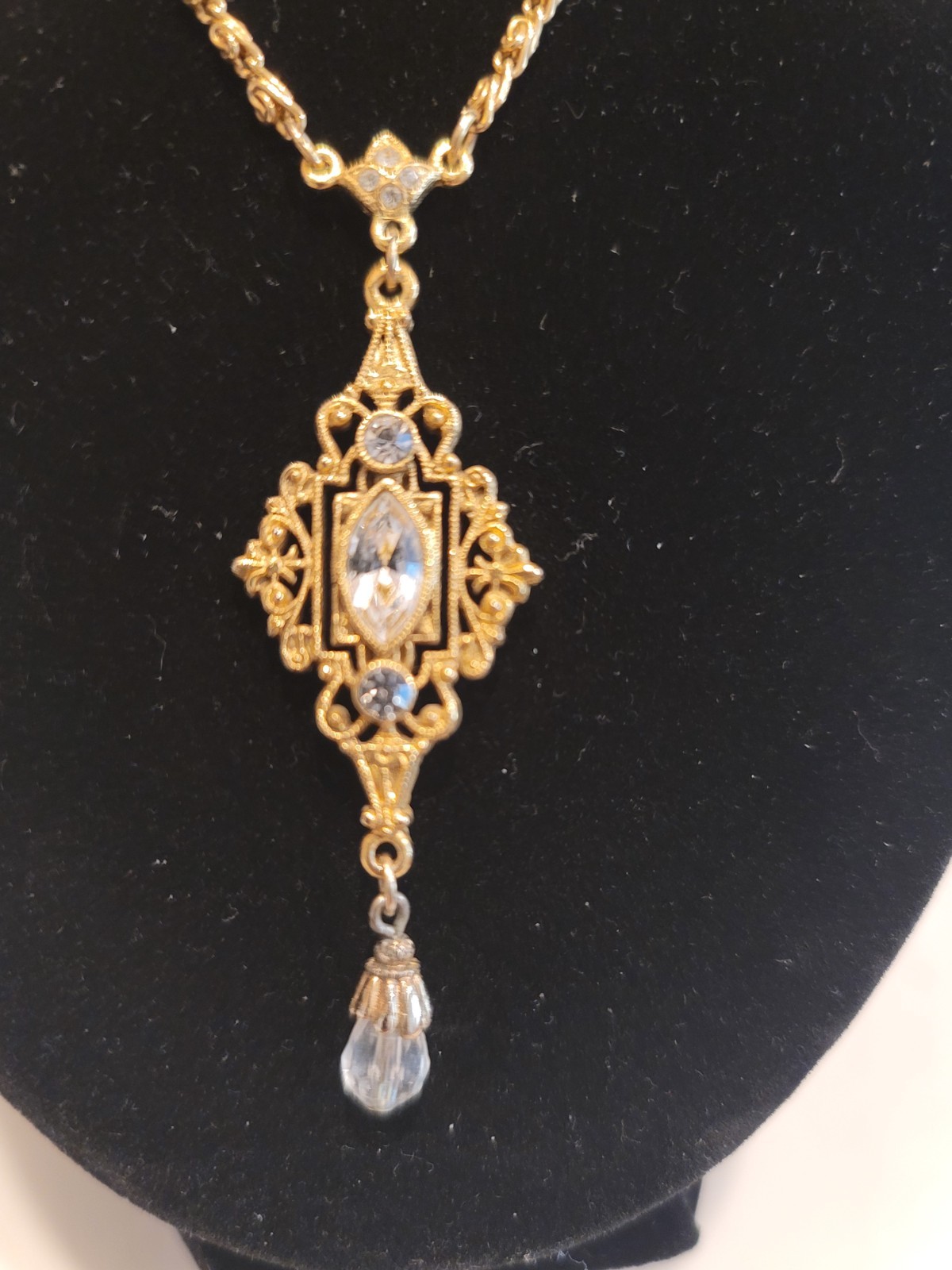 Vintage 1928 Gold Tone Crystal Drop Pendant Necklace Art Deco Revival