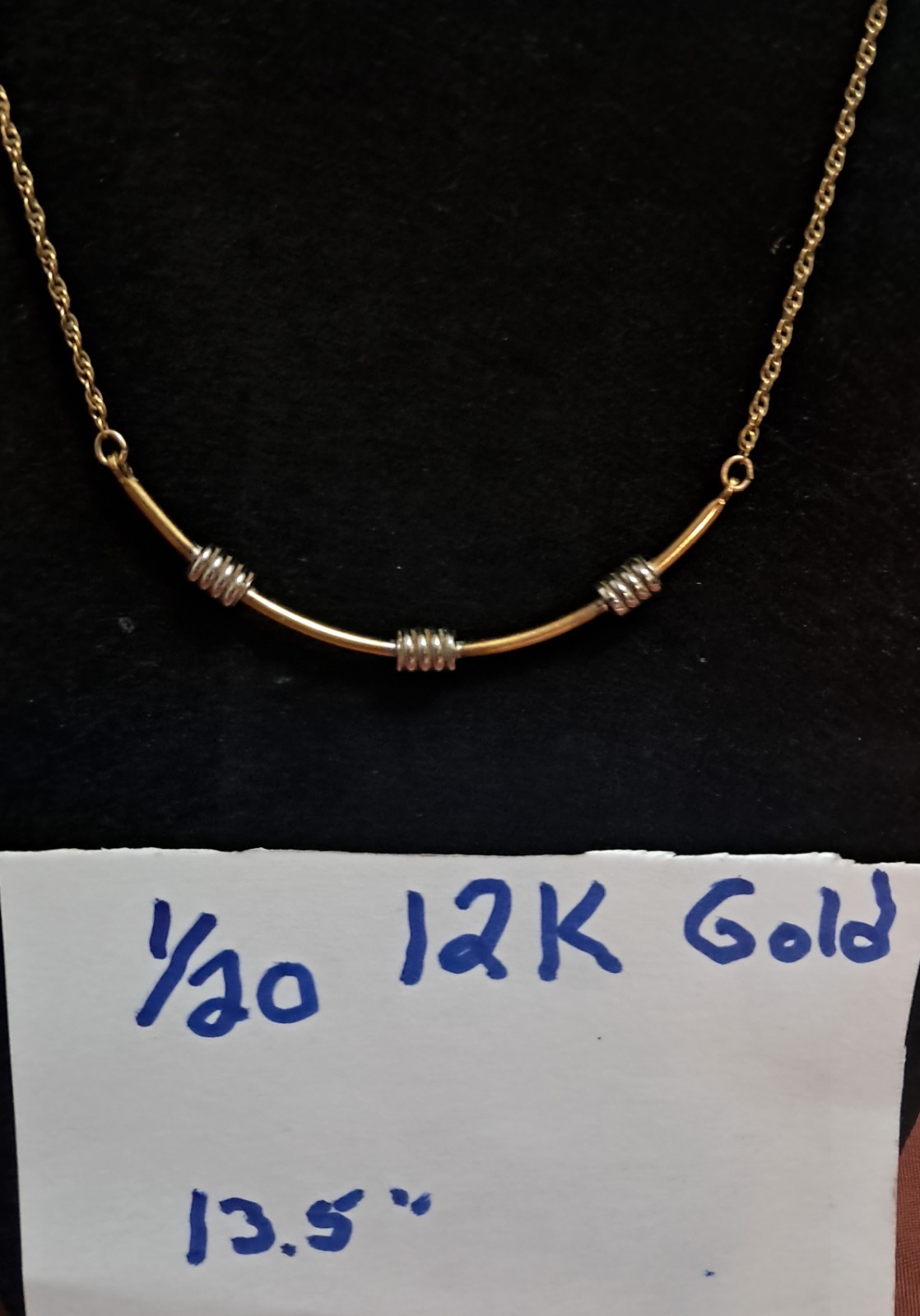 1/20 12K Gold Chain Balance Bar Necklace w/Silver Wrap 13.5″ Choker Length