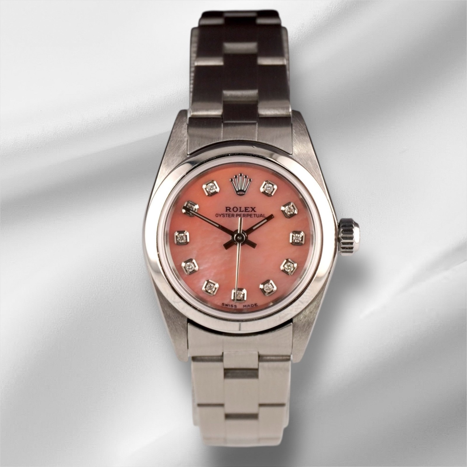 Rolex Oyster Perpetual 25mm Steel Pink MOP Diamond Smooth Oyster Watch 67180