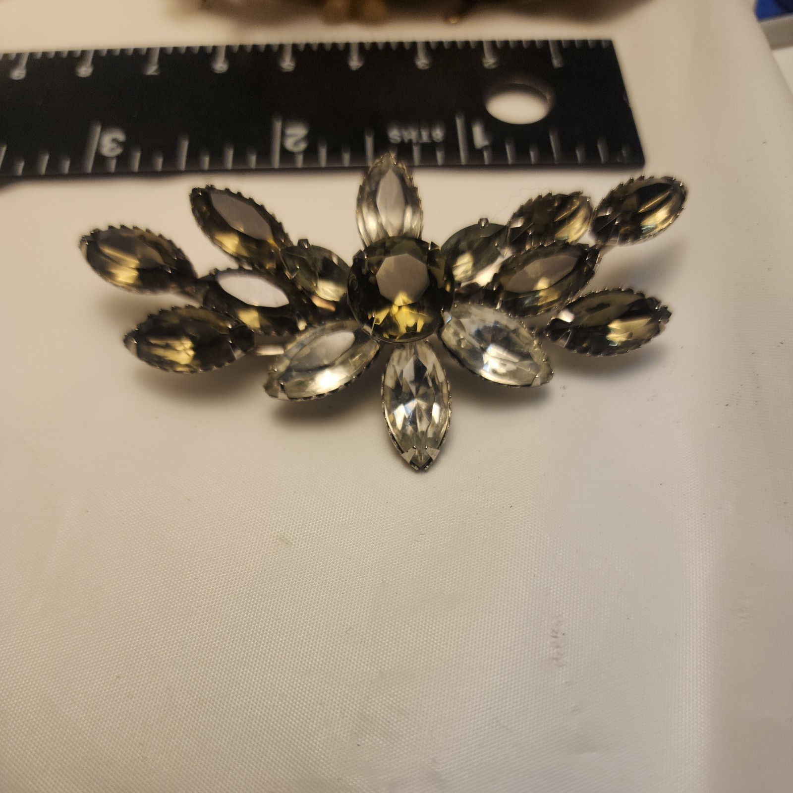Vintage Smoky Gray Clear Rhinestone Brooch Silver Tone Mid Century Pin