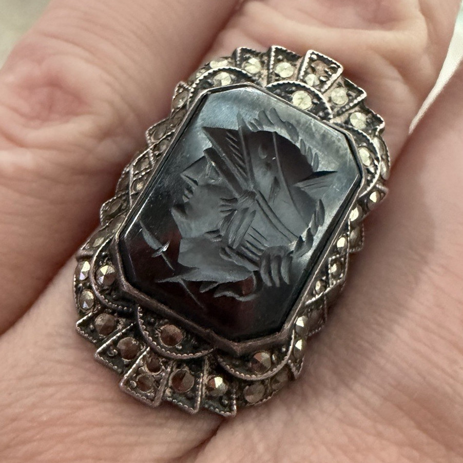 Silver Tone Black Onyx Marcasite Rectangle Cameo Cocktail Ring Bezel Size 7