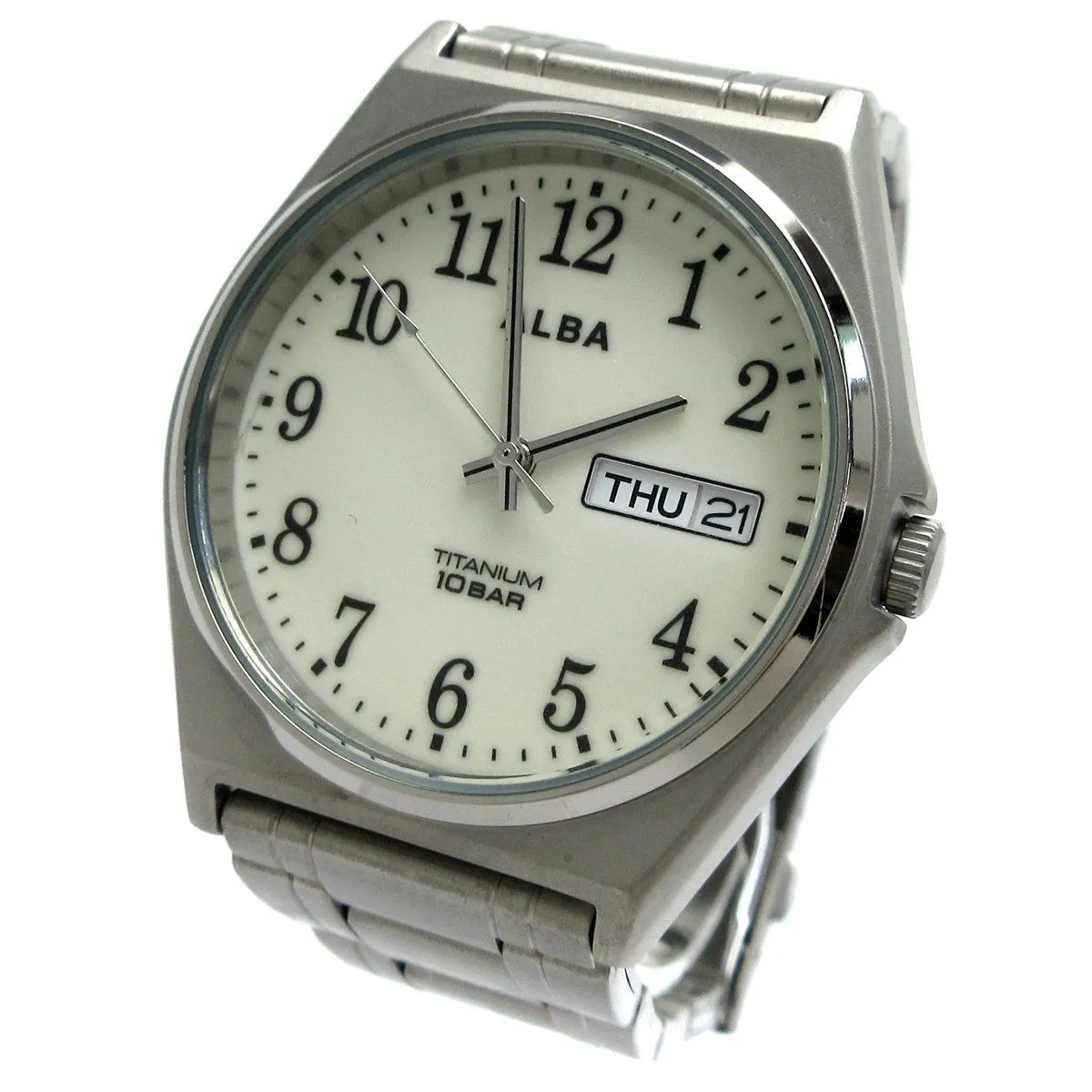Seiko Alba Men’s Titanium Day-Date Watch with Arabic Numerals and Lumibrite